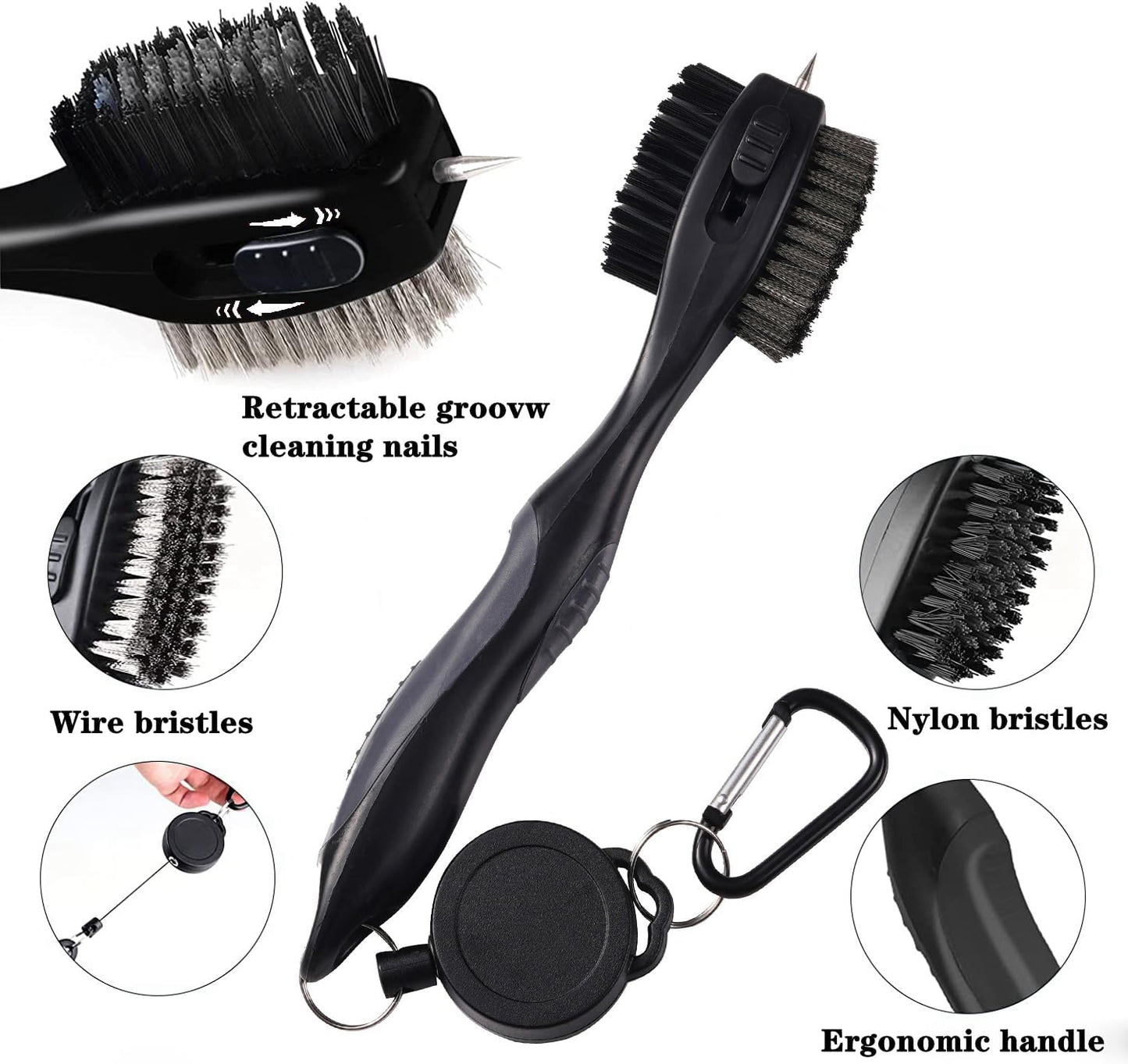 Golf Club Brushes, Golf Cleaning Tool, with Retractable Cleaning Nails, Nylon and Wire Bristles Oversize Double Brush Head with 2ft Retractable Zip-line Metal Buckle