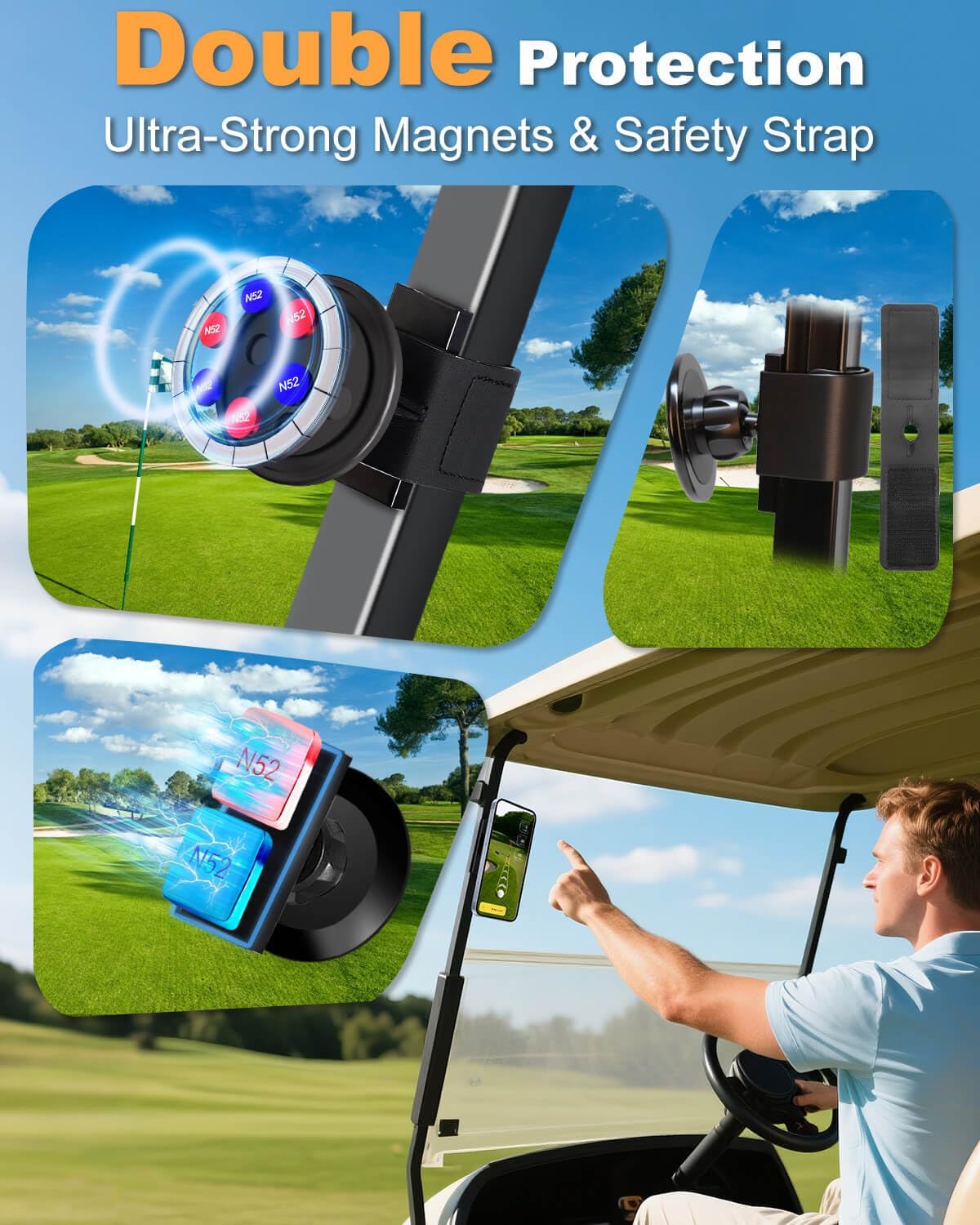 Magnetic Golf Cart Phone Holder with Strong Magnets & Safety Strap Double Protection Fit for Magsafe iPhone/Galaxy/Google Pixel, Golf Cart Phone Mount Compatible with EZGO/Club Car/Yamaha/ICON