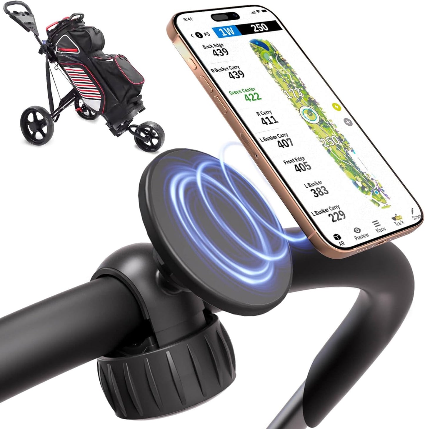 Magnetic Golf Push Cart Phone Holder MagSafe Hands-Free 360° Adjustable with Strong Magnets Phone Mount Compatible with Clicgear, Bag Boy, Sun Mountain, Golf Push Cart Accessories for All Cell Phones