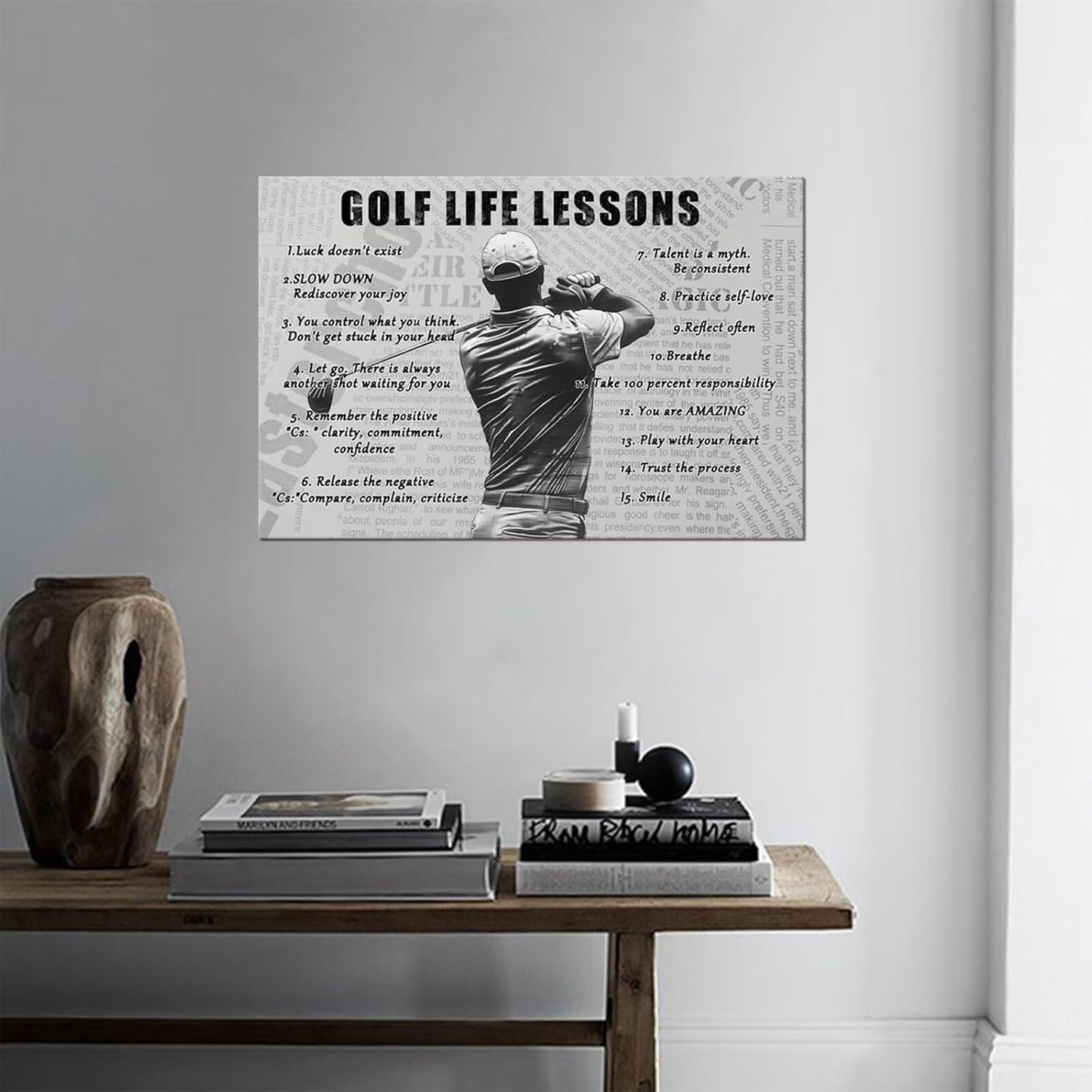 Golf Sports Wall Art Golf Life Lessons Wall Decor Golf Sign Retro Poster Boy Men Room Motivational Decorations Canvas Print Painting Artwork for Living Room Home Decorations Framed (12 x 16 inch)