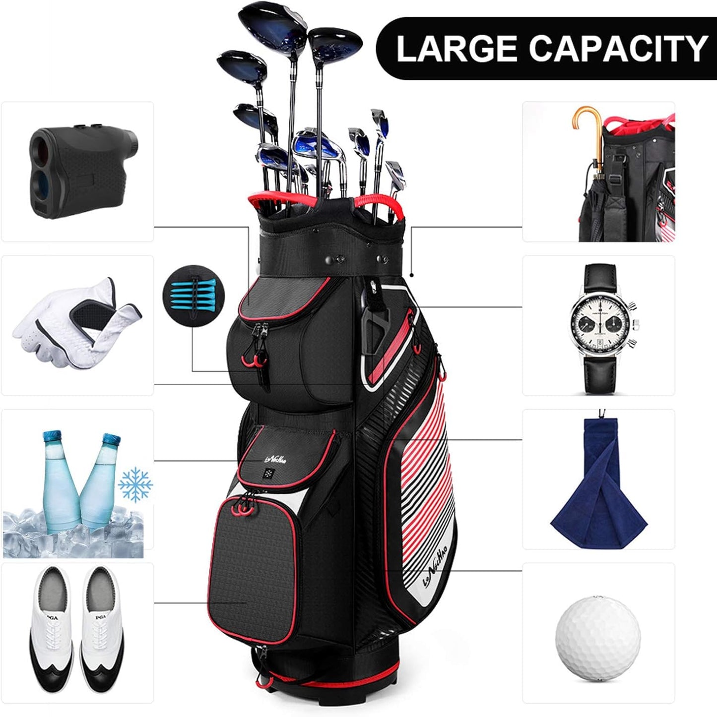 Golf Cart Bag 14 Dividers Top Clubs Organizer Lightweight with Cooler Pouch, Dust Cover and Backpack Strap