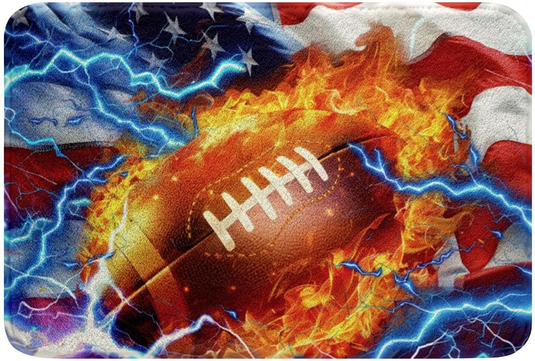 Feelyou 3D Football Polyester Bath Rug American Flag Soft Fleece Door Carpet for Kids Boys Girls Fire Ball Games Sports Non Slip Bath Mat Retro USA Flag Bathroom Floor Indoor Doormat,16x24 Inch