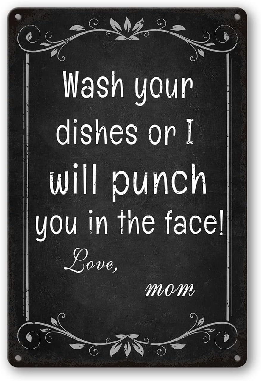 Kitchen Signs Wall Decor Funny Metal Tin Sign Kitchen Sets For Home Decorations Wash Your Dishes Or I Will Punch You In The Face Love Mom Coffee Bar Signs Decor House Rules Clean Your Dishes Sign