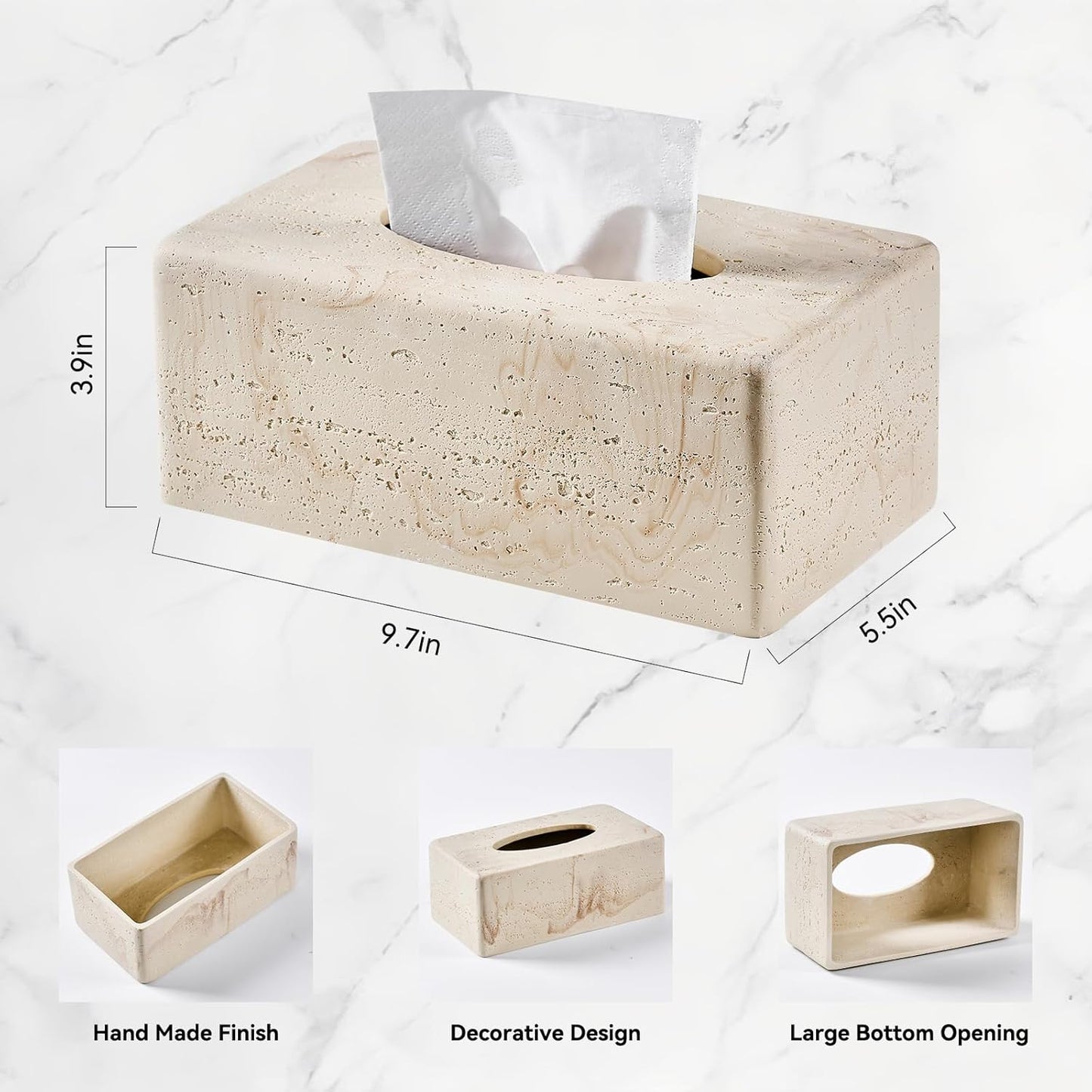 Natural Travertine Textures Tissue Box Cover Rectangular (Only Suitable for Standard Sized Tissue Box) for Decor,Resin Tissue Box for Bathroom Countertop,Bedside,Office（Made of Resin, Height of 4 in