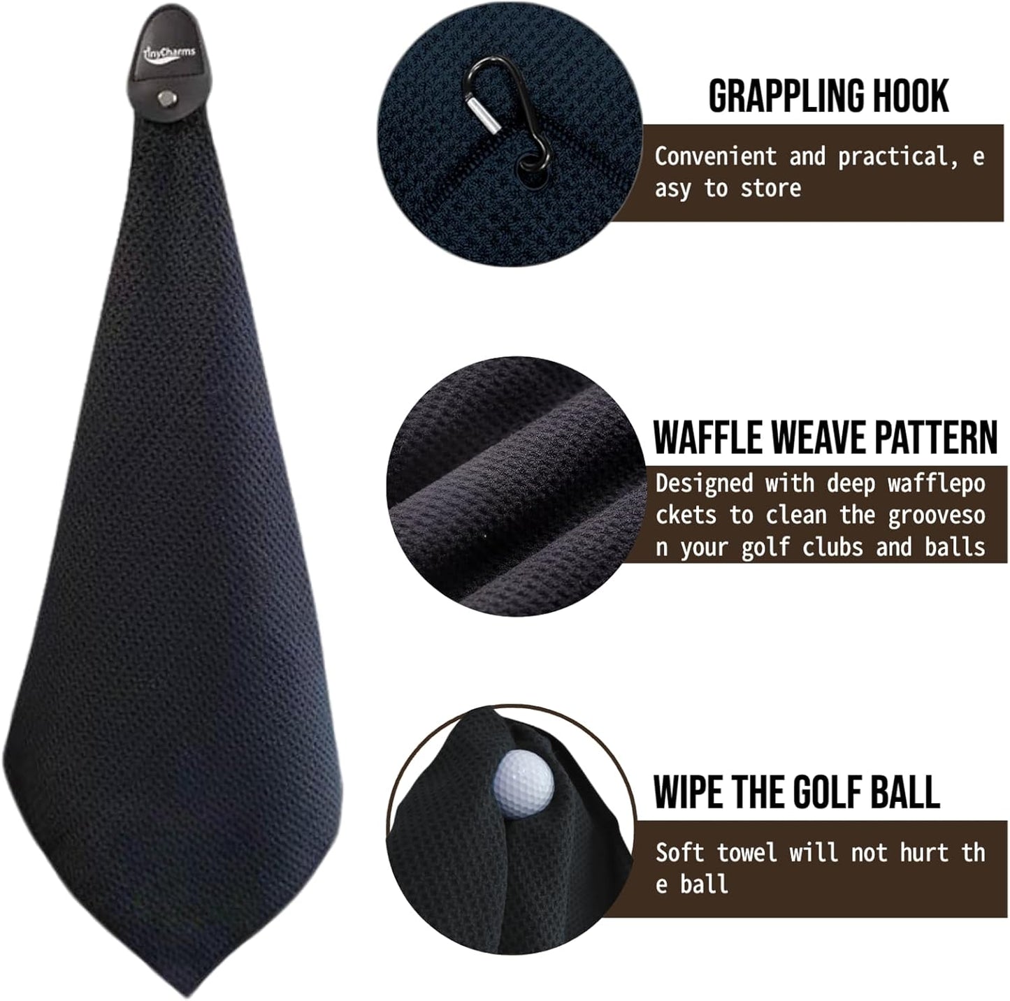 Magnetic Golf Towel, 16"x16" Black Microfiber, Strong Magnet & 3 Grommet Design, Carabiner Hook, Super Absorbent & Easy Clean, Golf Bag Accessory
