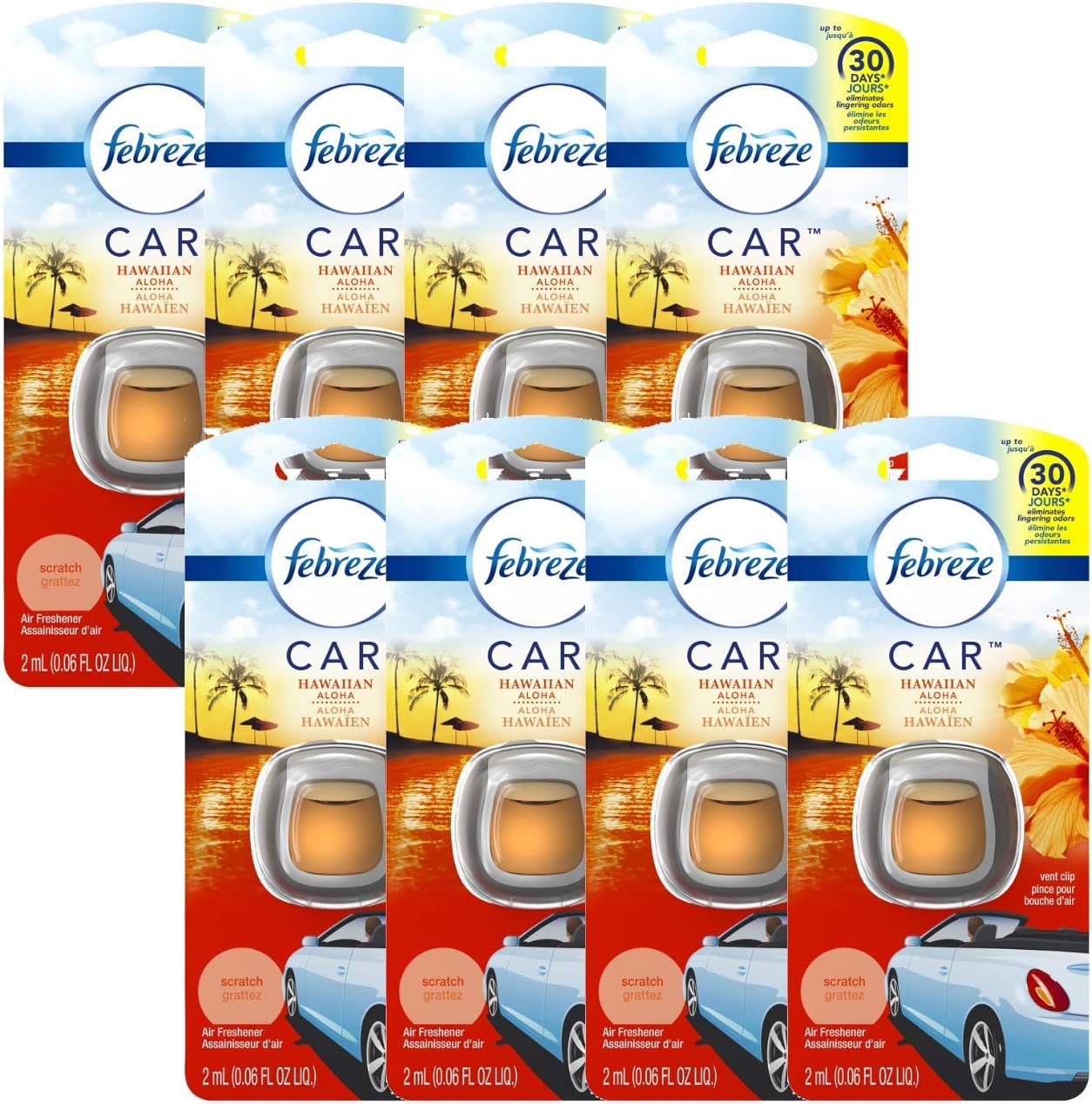 Febreze Odor Clear Car Vent Air Freshener Clip, Hawaiian Aloha 0.06 Fl.Oz - 8 Pack