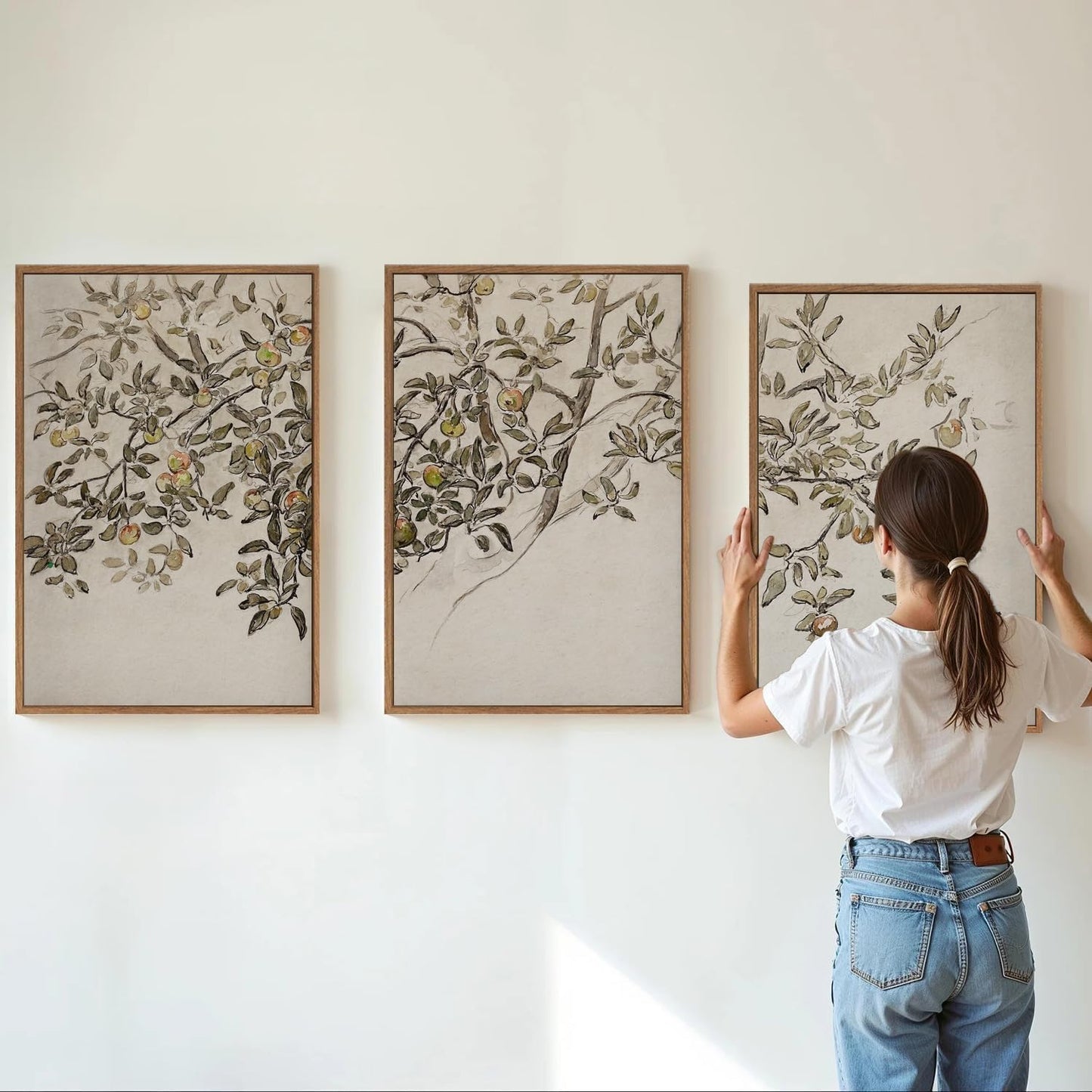 MTFBWY Framed Botanical Apple Tree Wall Art Set of 3, Vintage Nature Branch Canvas Prints, Rustic Farmhouse Plant Wall Art, Neutral Still Life Painting for Living Room Bedroom Office Decor 16L x 12W