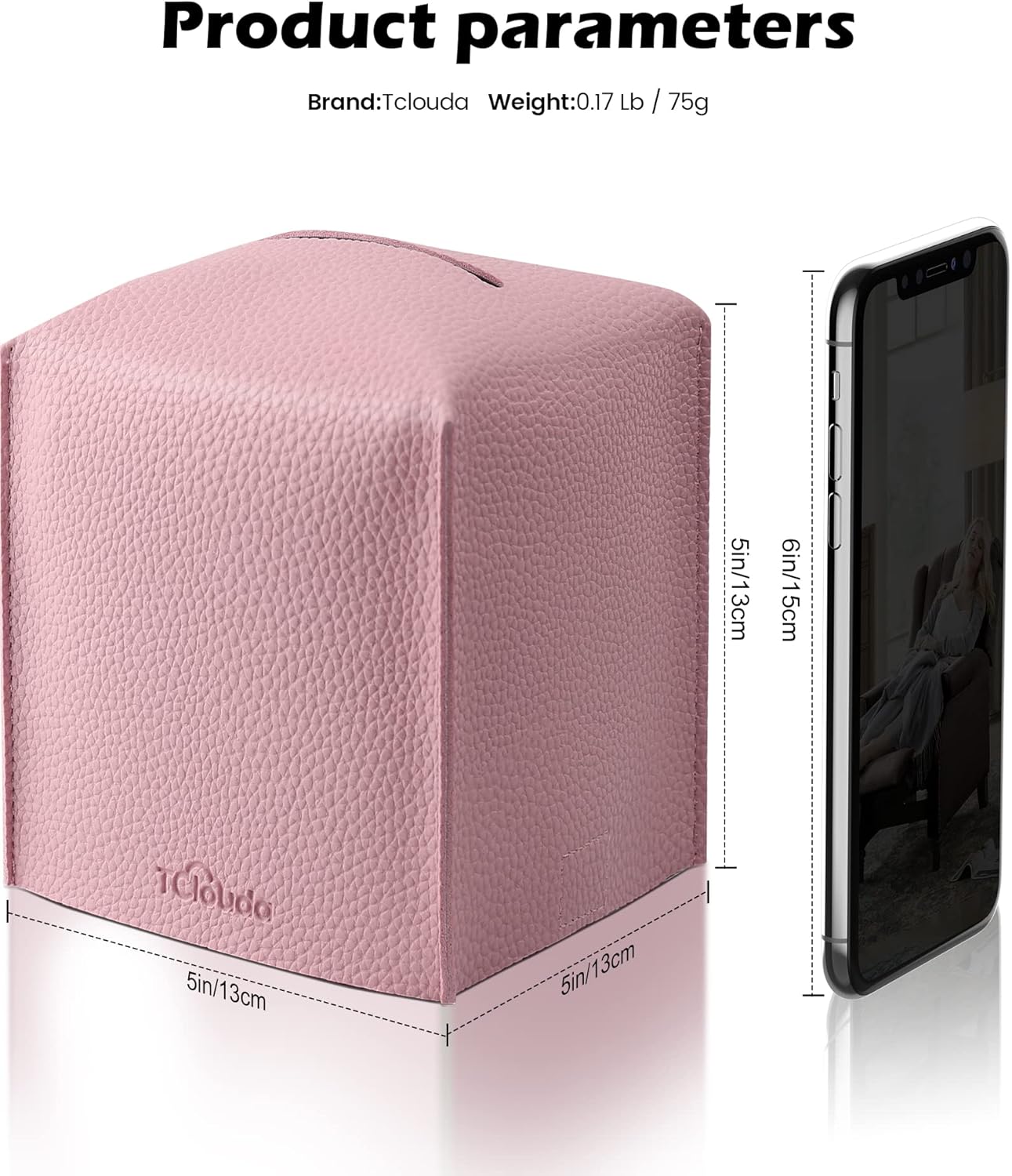 Tissue Box Cover for PU Leather, Modern Simple Solid Color Holder Square Tissue Bag, Ideal for Bathrooms,Office,Car,Nightstand,Outdoor Tent,Dining Table,5"X5"X5", Single Pink