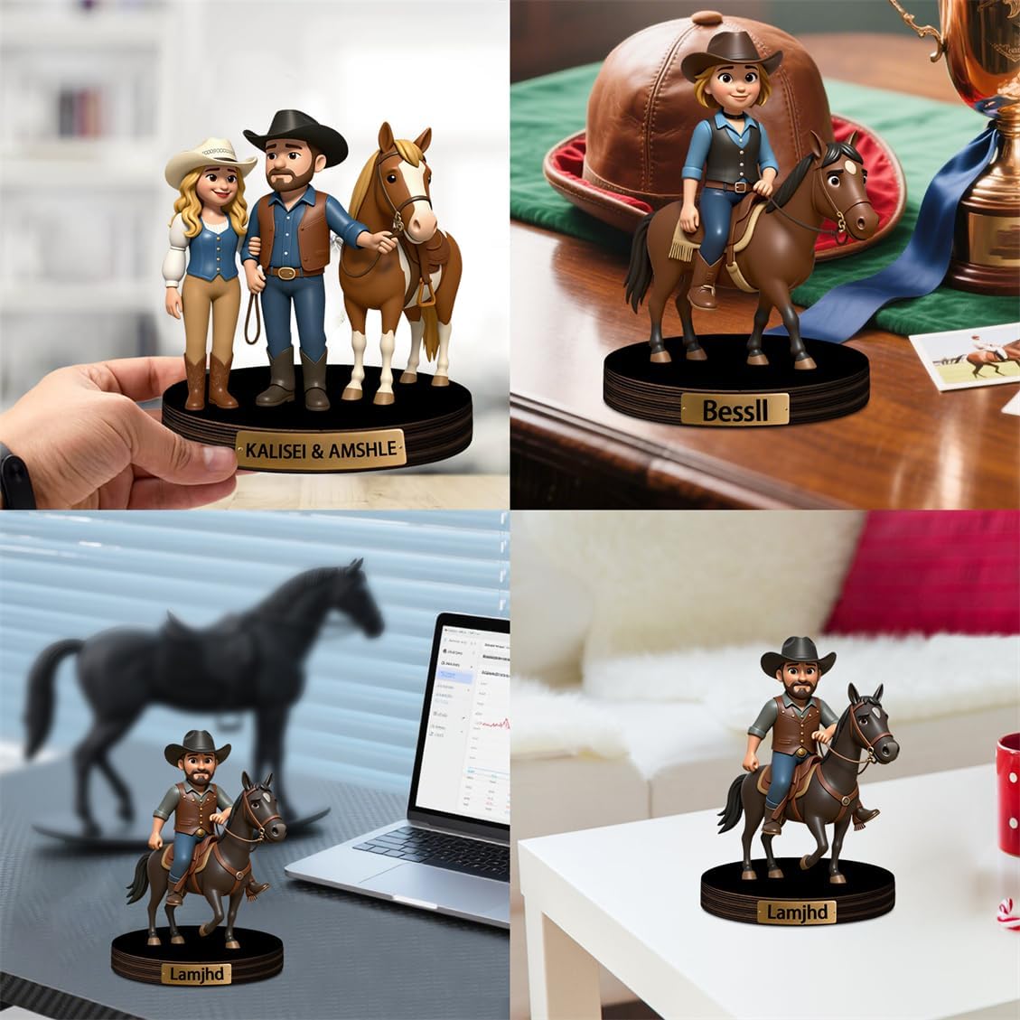 Personalized Horse Rider Cartoon Acrylic Desktop Sign with Name Custom Horse Racing Portrait Figurine Decor Race Horses Sculpture Desk Ornament for Men Women Family Couple Christmas Birthday