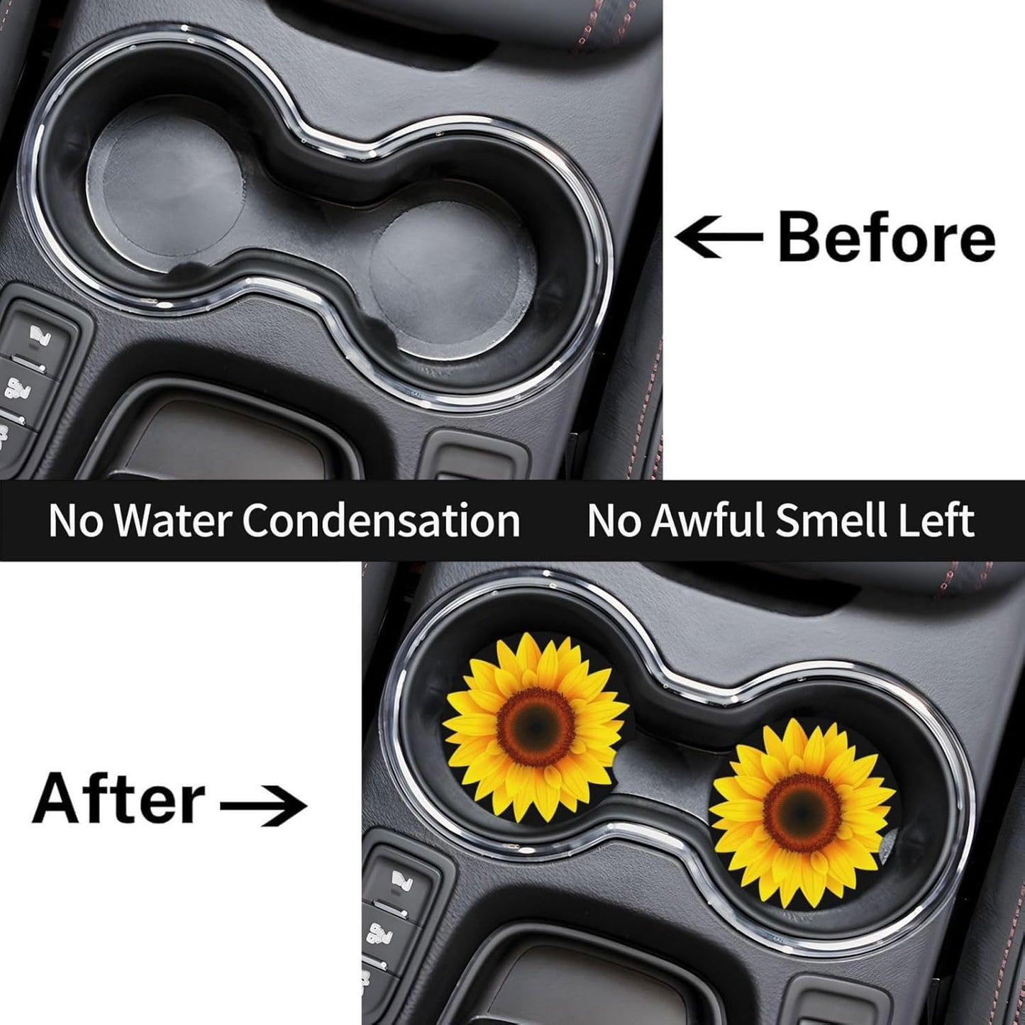 Car Cup Holder Coasters, Sunflower Sun Flower Car Coasters for Cup Holder Drinks, 2 Pack Ceramic Cute Auto Interior Accessories for Women Men