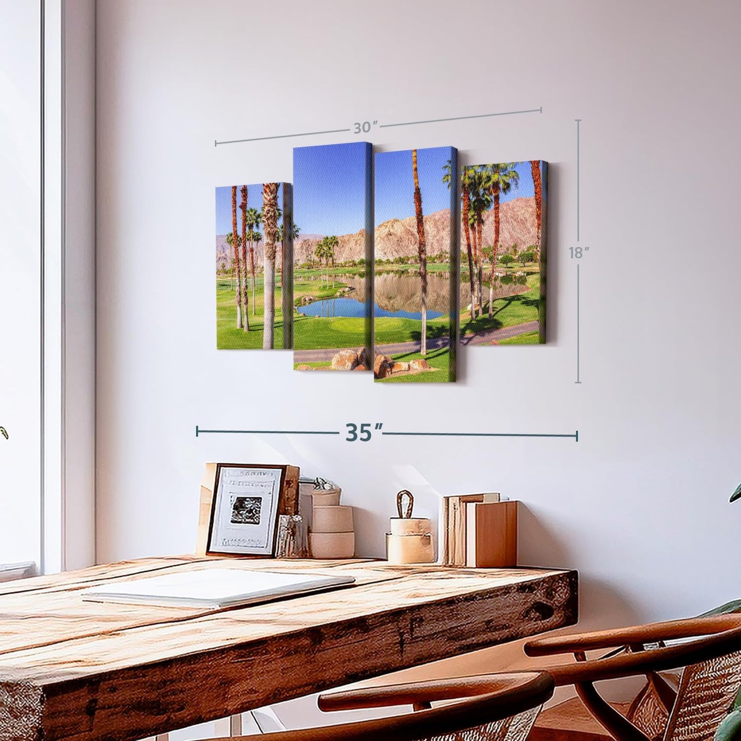 Elephant Stock La Quinta Golf Course Wall Art - Horizontal Canvas - 4-Piece Living Room Wall Decor - Photography Sports Canvas Print - Beige and Brown Decor for Wall - 30" X 18"