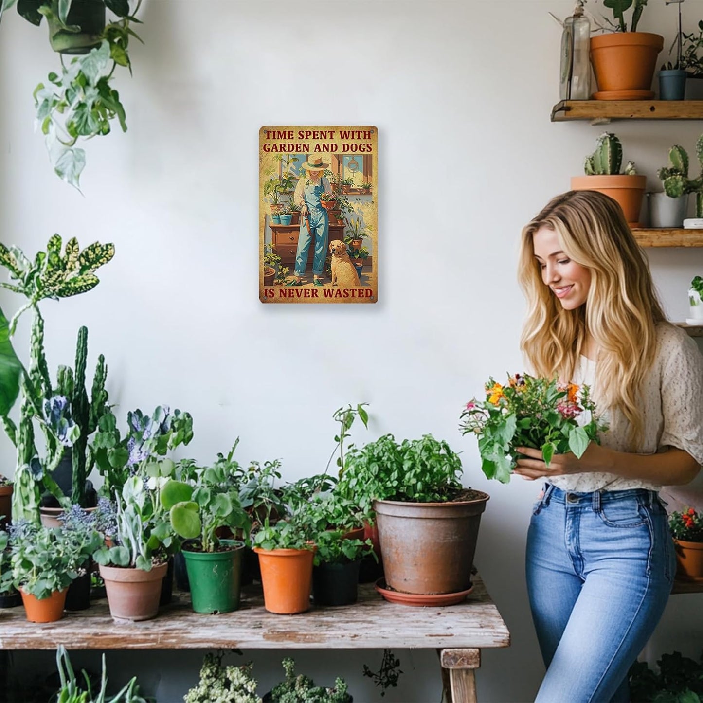 Vintage Garden Time Spent with Garden and Dogs is Never Wasted Metal Tin Sign 8x12 Inch Home Restaurant Wall Decor