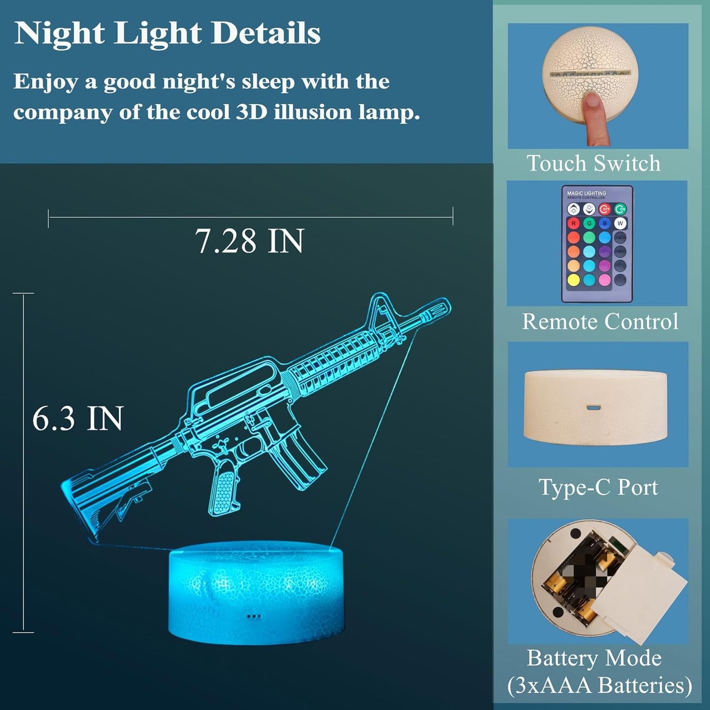 M4A1 Night Light, M4A1 Model Gifts, 3D Illusion Lamp with 16 Colors Changing, Remote Control and Dimmable, Game Living Room Decoration, Holiday Xmas Gifts