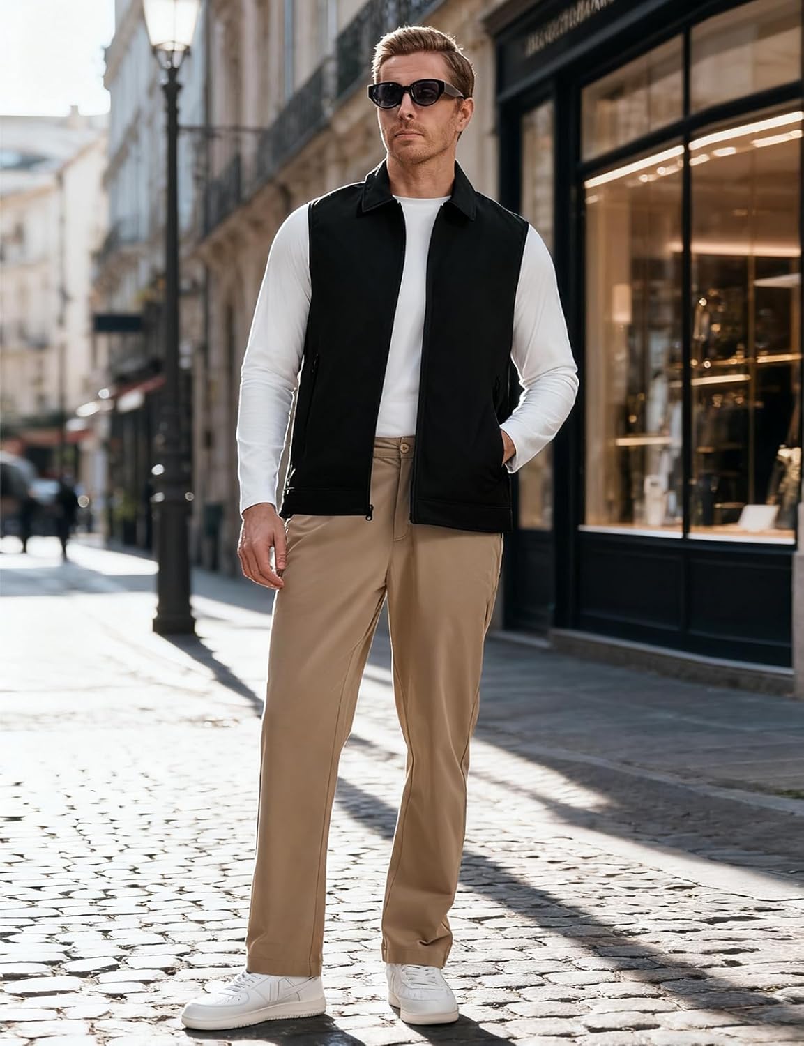 Rdruko Men's Golf Vest Lightweight Outerwear Windproof Water Resistant Grid Lining Vest with Zipper Pockets for Casual