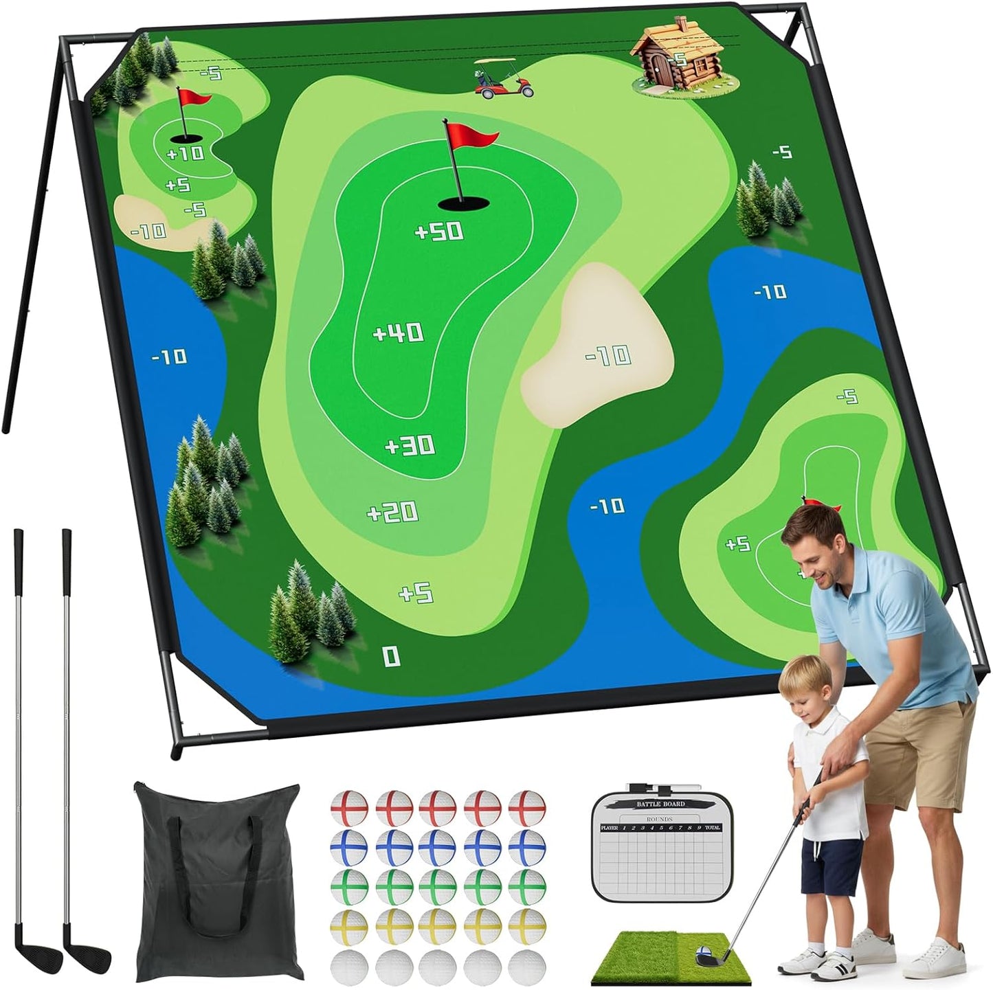Golf Chipping Game with Stand, Golf Target Battle Game with 80"x80"/59"x59" Hitting Mat, Portable Golf Practice with 25 Sticky Balls for Adults, Outdoor Indoor Backyard Christmas Ideal Gift for Kids