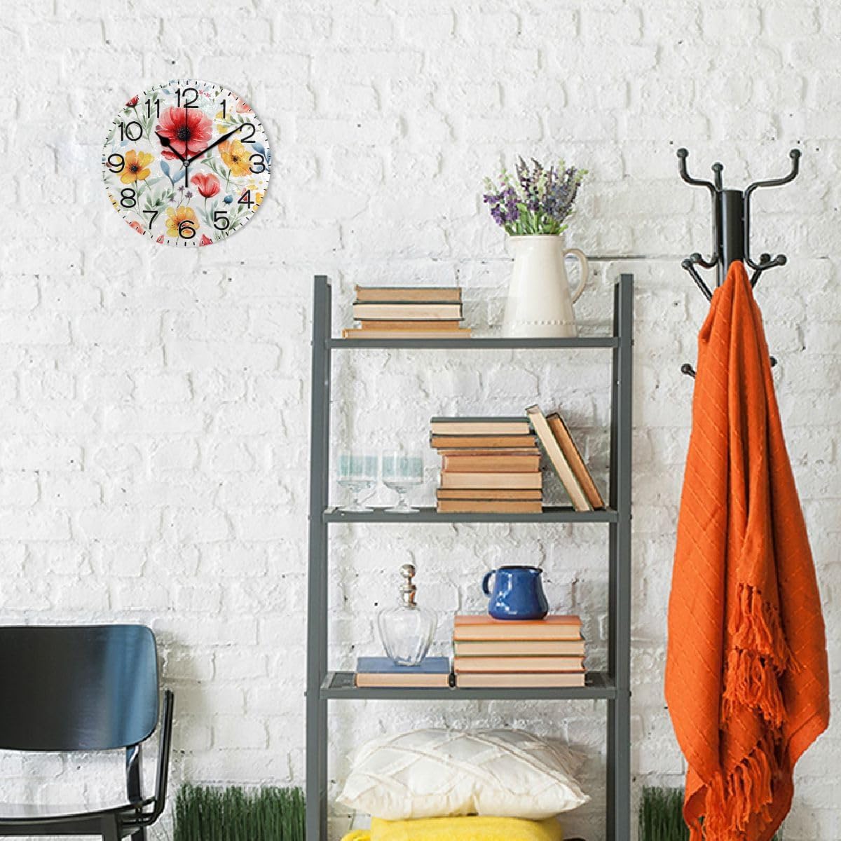 Spring Red Yellow Flowers Leaves Wall Clock Battery Operated Non Ticking Silent Quartz Analog Rustic Farmhouse Round Clock Retro Decor for Home Kitchen Living Room Bathroom