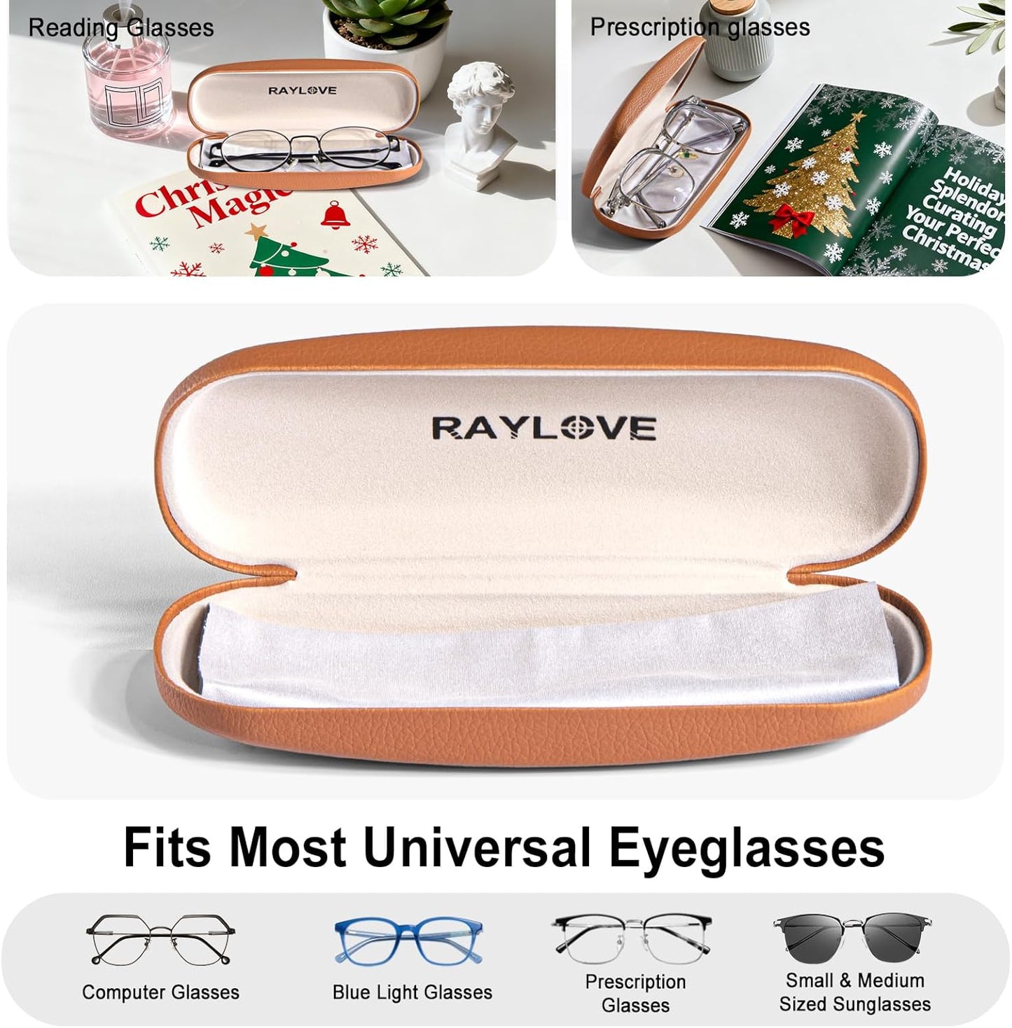 RayLove Glasses Case, Unisex Hard Shell Eyeglass Case, PU Leather Protective Hard Eye Glasses Cases with Eyewear Accessories