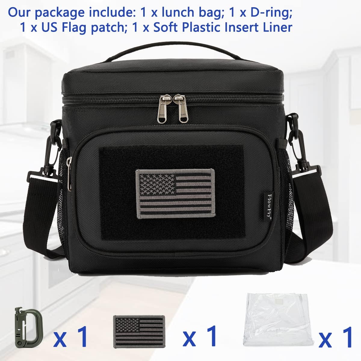 FlowFly Tactical Lunch Bag Large Insulated Lunch Box Cooler Tote for Men, Women with MOLLE/PALS Webbing (Black)
