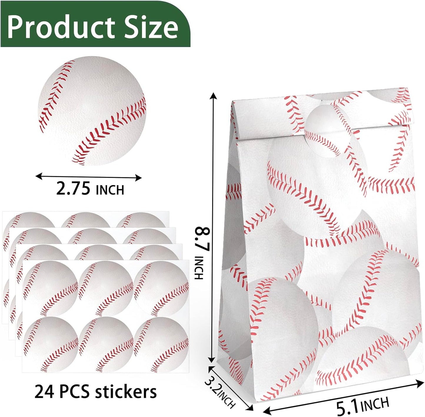 OuteGo 24 Baseball Party Favor Bags with Stickers - Goodie Bags & Party Favors for Kids' Birthday Parties