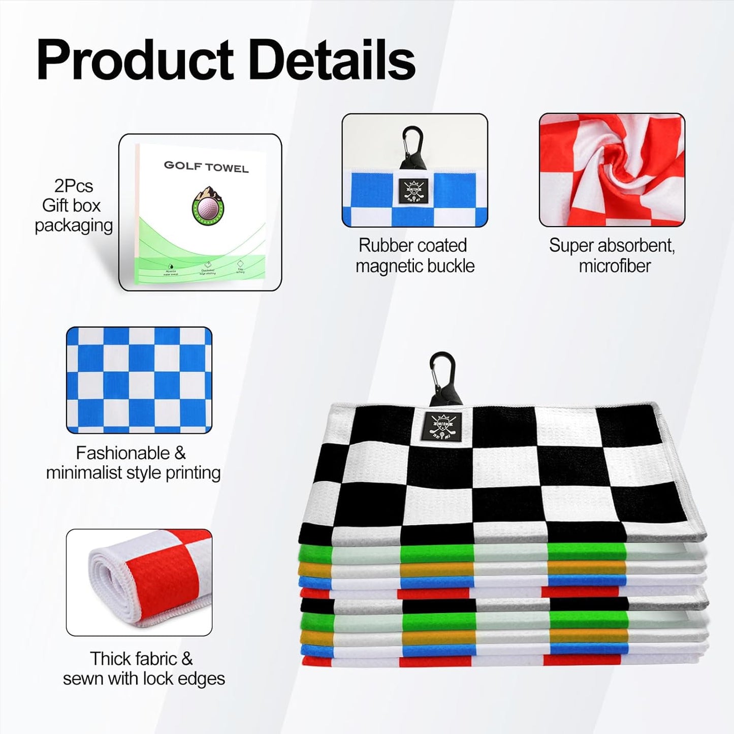 2Pcs Magnetic Golf Towel (24"x16") for Men - Premium Color Waffle-Pattern Golf Towel Magnetic with Clip. GolfAccessories for Men & Women, Fits GolfCarts/Clubs - Red/Blue