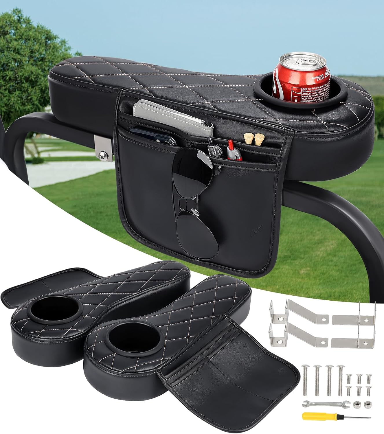 Golf Cart Armrest with Cup Holder & Rear Seat Organizer, No Drilling Golf Cart Diamond Arm Rest Fits 1" Square Tube Frame Compatible with EZGO Club Car Yamaha, Enhanced Storage & Comfort