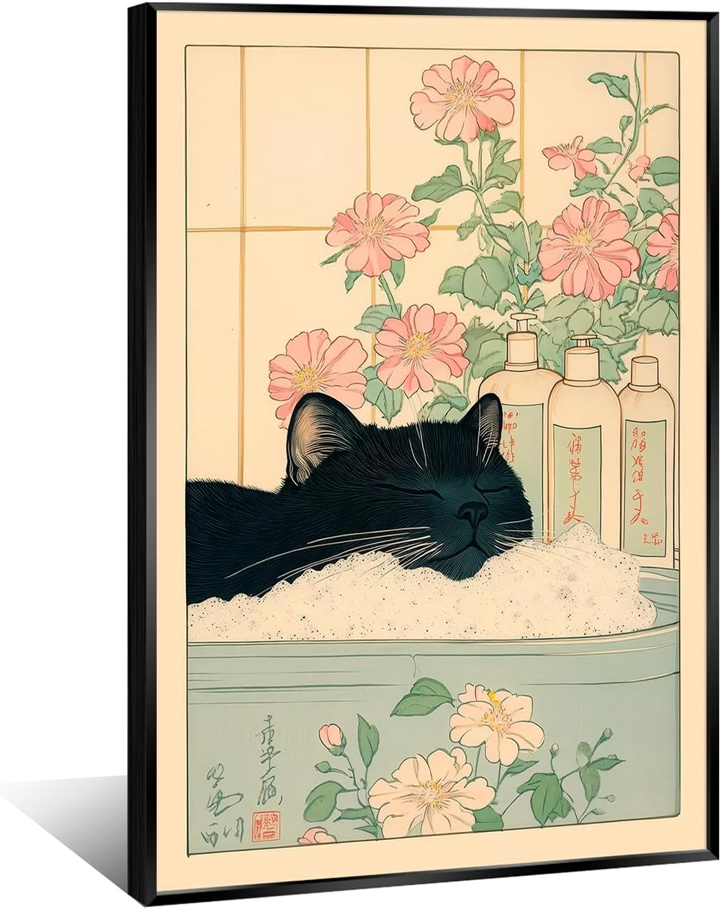 Vintage Black Cat in The Bathtub Posters Funny Bathroom Wall Art Cute Animal Lover Canvas Prints Japanese Aesthetic Neutral Minimalist Wall Decor for Restroom Toilet 16x24in Framed