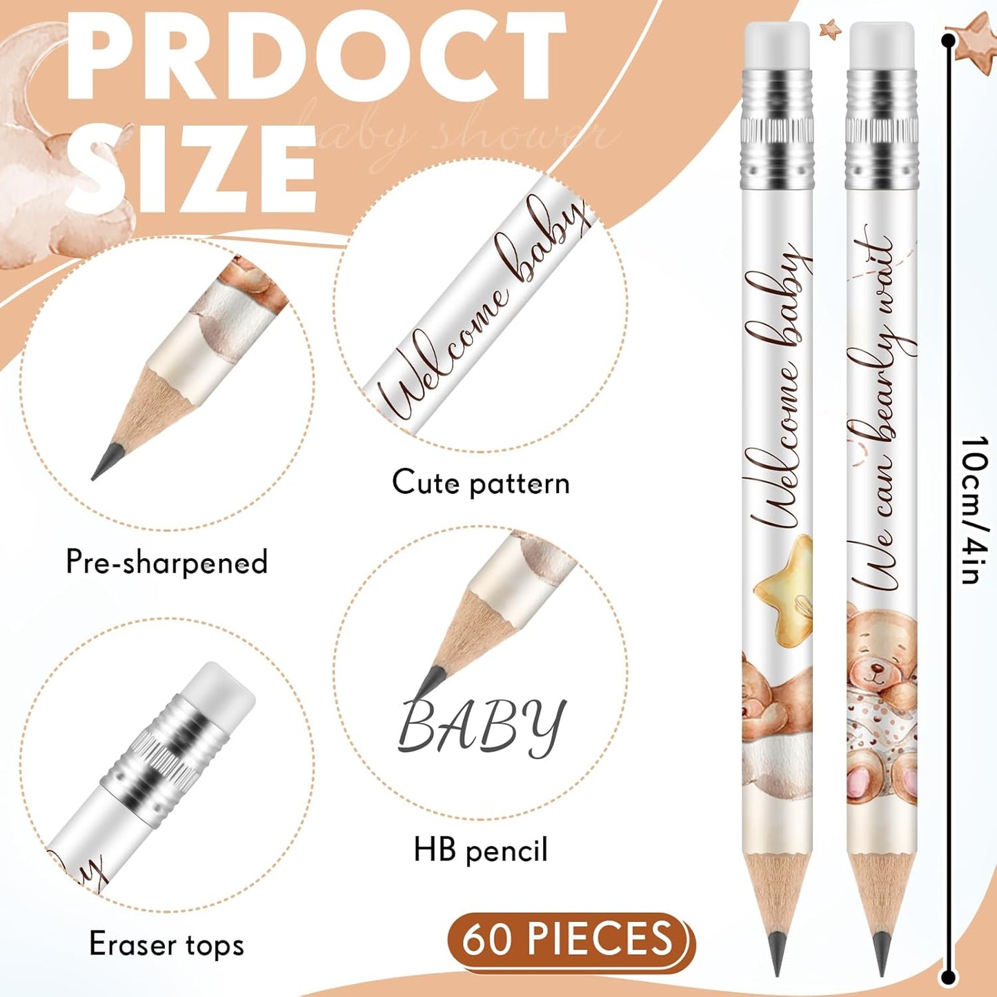 Tinlade 60 Pcs Bear Baby Shower Golf Pencils with Erasers Small Kids Sharpened Mini Pencils for School in Bloom Baby Shower Supplies