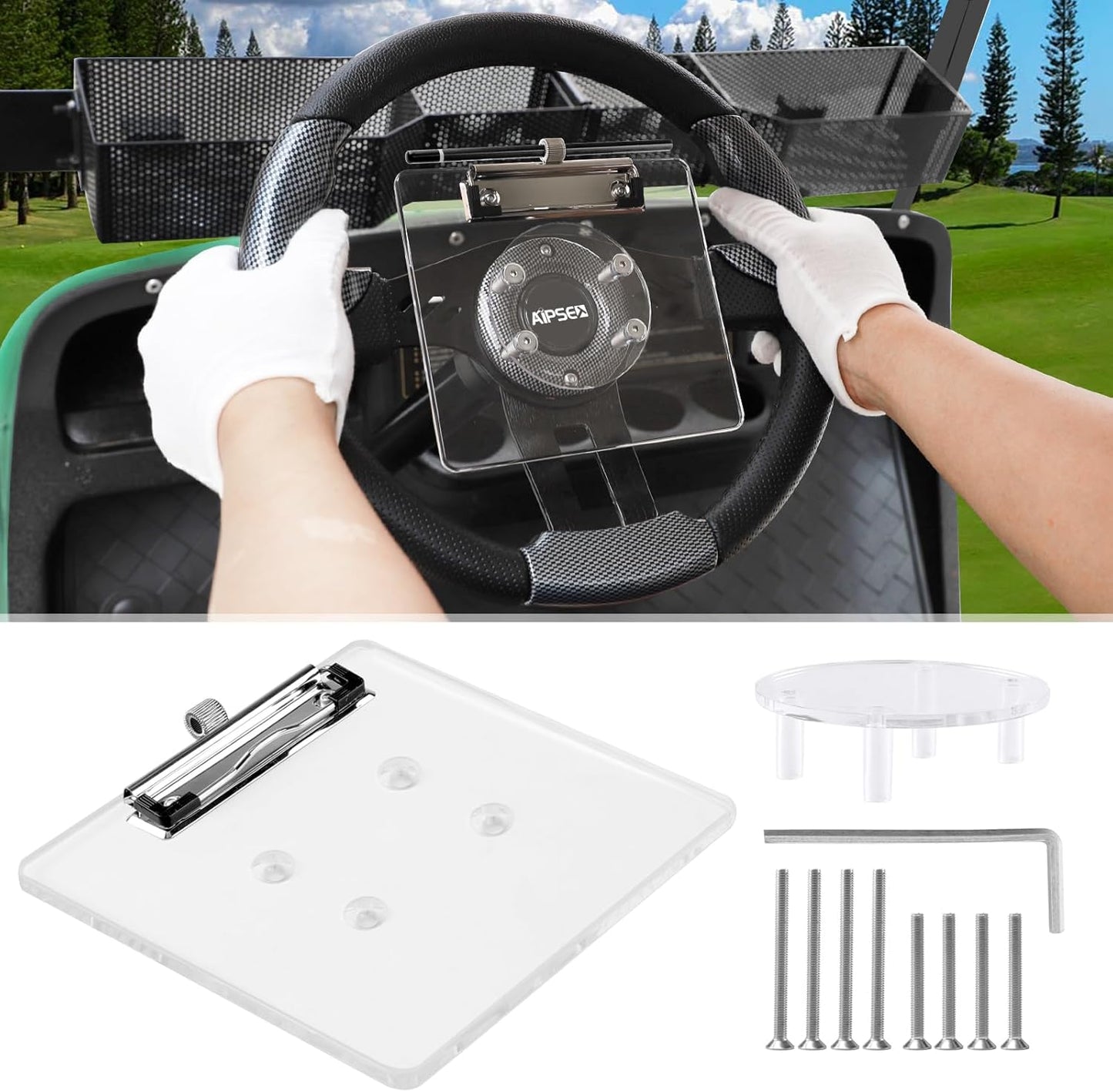 Golf Cart Scorecard Holder w/Pencil Holder Compatible with EZGO Club Car Yamaha and Other 5-6 Holes Golf Cart Steering Wheel, Firmly Clamp & Adjustable Pen Spring Loop, Easy to Install & Record