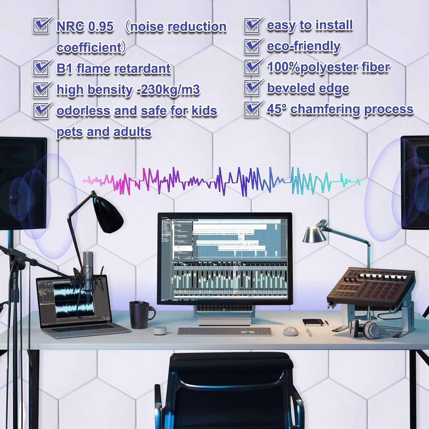 18 Pack Self-adhesive Acoustic Panels Soundproof Wall Panels 12"X10"X 0.4" Sound Absorbing Panel for Decoration Sound Deadening Panels Acoustic Treatment Panel For Home Office（White Hexagonal Design）