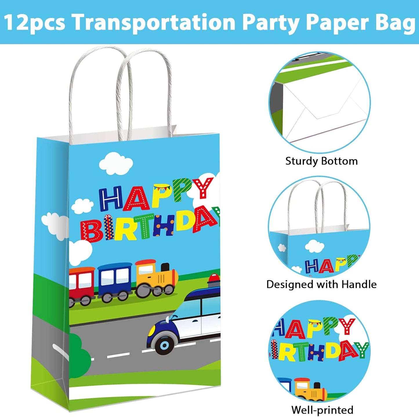 gisgfim 12pcs Transportation Party Favor Gift Bags Transportation Theme Party Treat Paper Candy Goodie Bag with Handle for Transportation Car Birthday Party Supplies Baby Shower Decoration Favors