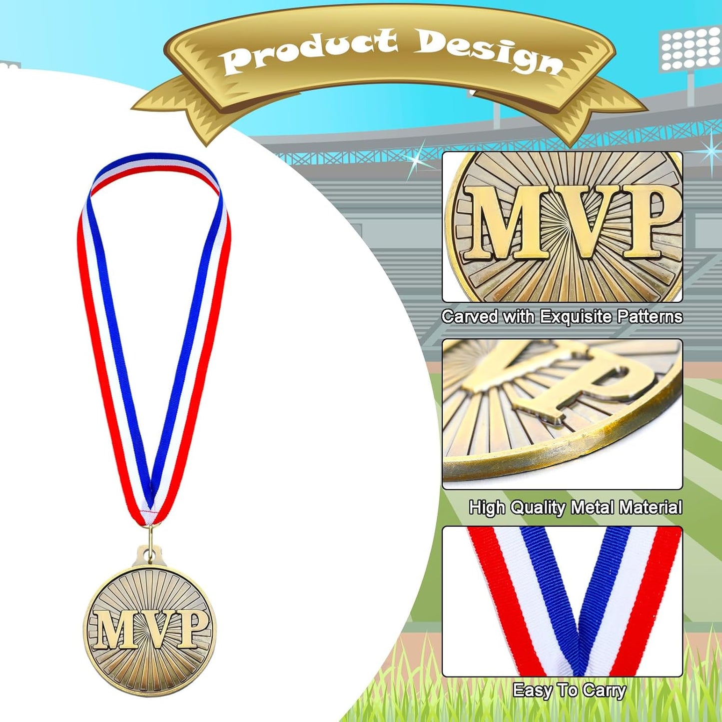 30 Pcs 2'' MVP Award Medals Bulk with Neck Ribbons Gold Champ Trophy Most Valuable Player for Adults Games Sports Events Party Prizes Football Baseball Soccer Basketball Softball MVP Gift
