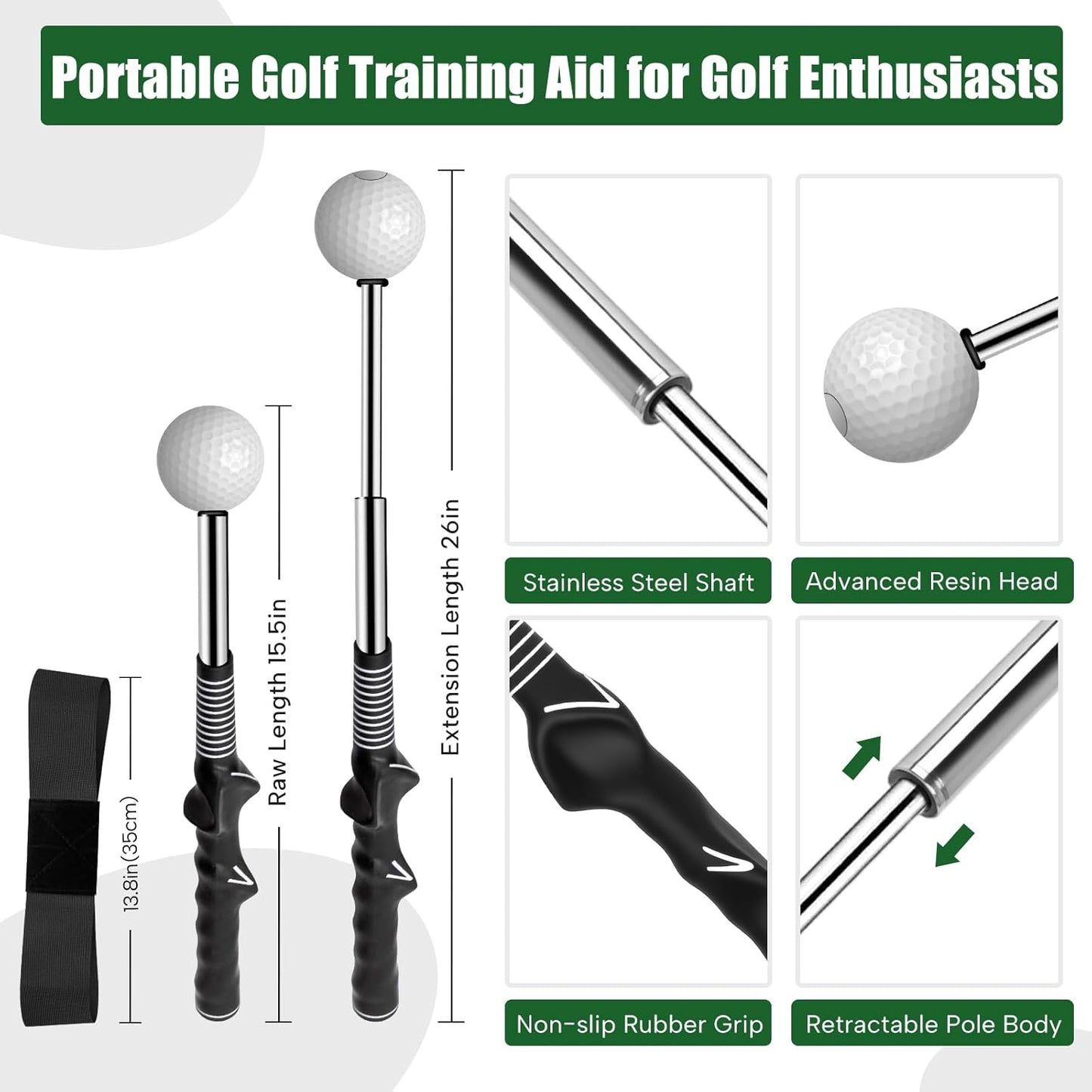 Retractable Golf Swing Training Aid, Golf Grip Trainer for Swing Tempo & Chipping Practice, Right-Handed Golf Swing Trainer with Arm Band for Beginners, Indoor Outdoor Practice