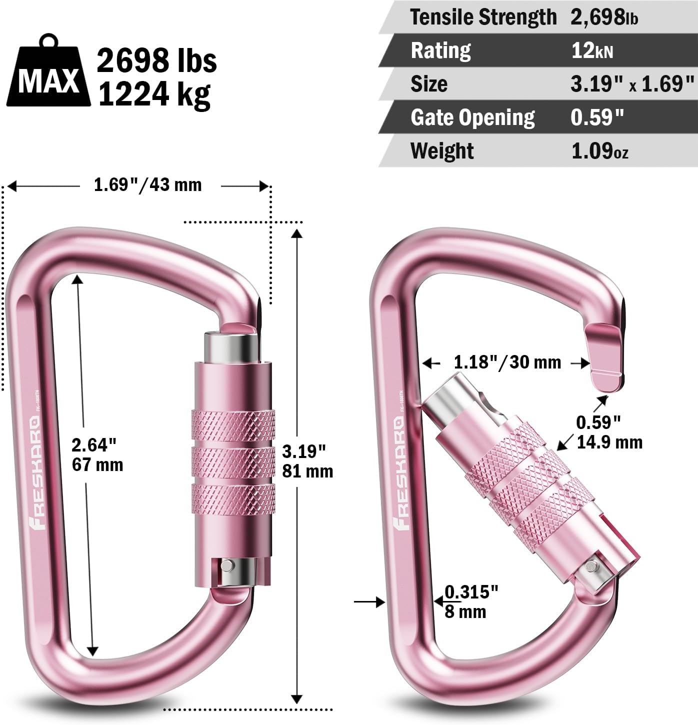 FresKaro 3inch 12kN-2698lbs Auto Locking Carabiner Clips, Solid D Shape, Heavy Duty 7075 Aluminum, Lightweight 1.09oz, Rust Proof, for Hammock, Hiking, Dog Leash, Keychain etc., Multi-Colors