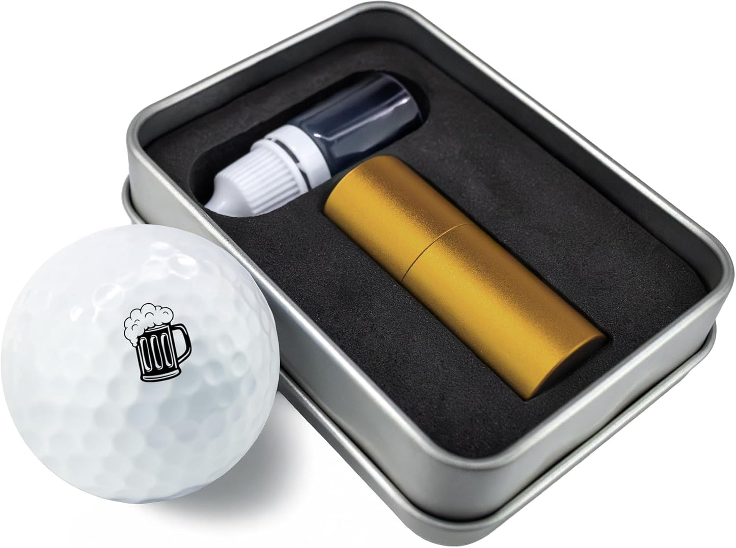 Golf Ball Marker Stamp with TiteSeal™ Technology - Beer - Metallic Box with Golf Ball Stamp + Refill Ink Bottle - Black