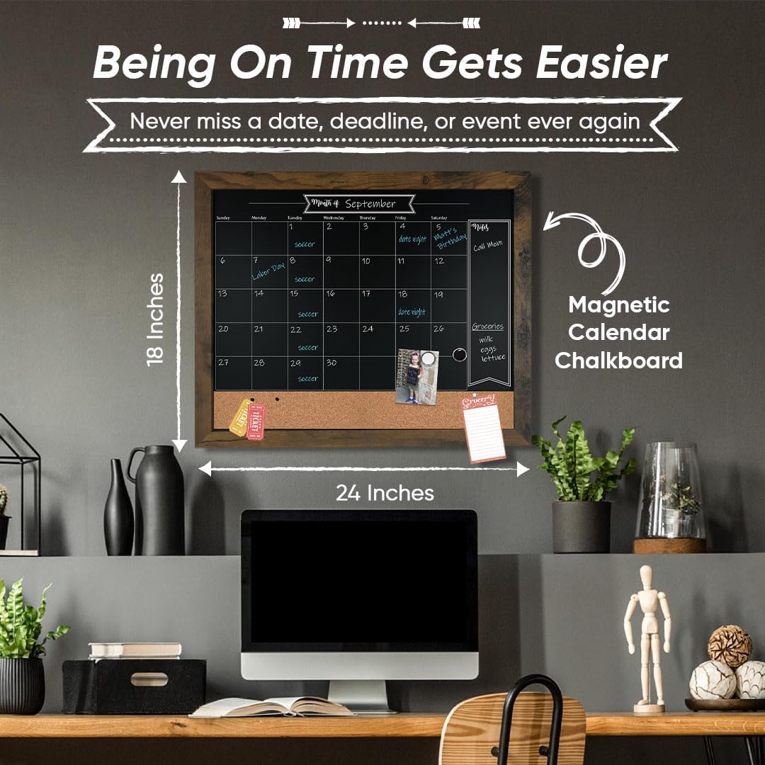 Loddie Doddie Chalk Board Calendar for Wall & Bulletin Combo - 18 x 24-Inch Rustic Frame - Writable Chalk Calendar Surface, Magnets & Push Pins - Menu Board for Kitchen
