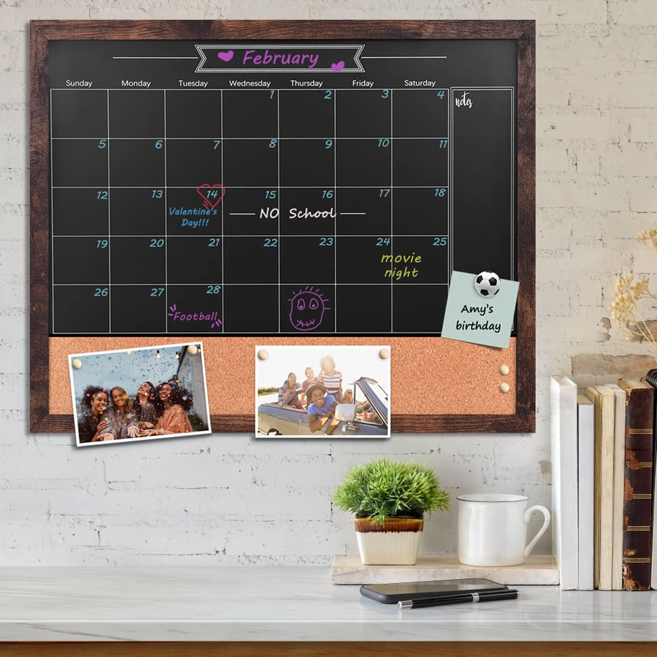 TORASO Magnetic Chalkboard Calendar Corkboard, 18" x 22" Combination Chalk Board Bulletin Board, Walnut Brown Framed Blackboard Calendar Cork Combo Board(ZHHB-BN-4555)