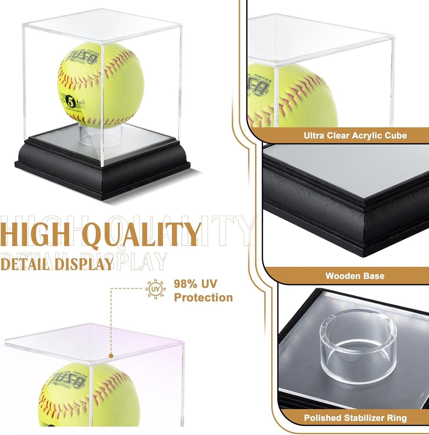 Softball Display Case with Led Light, UV Protected Cube with Wood Base Stand, Clear Acrylic Softball Holder for Single Autograph Ball