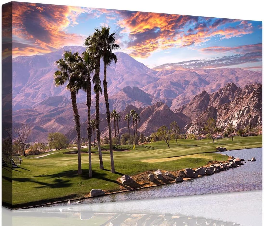 Golf Course at Sunset in Palm Wall Art Prints USA California Picture Canvas Wall Decor for Home Living Room Bedroom Bathroom Framed Artwork Ready to Hang(12''H x 16''W)