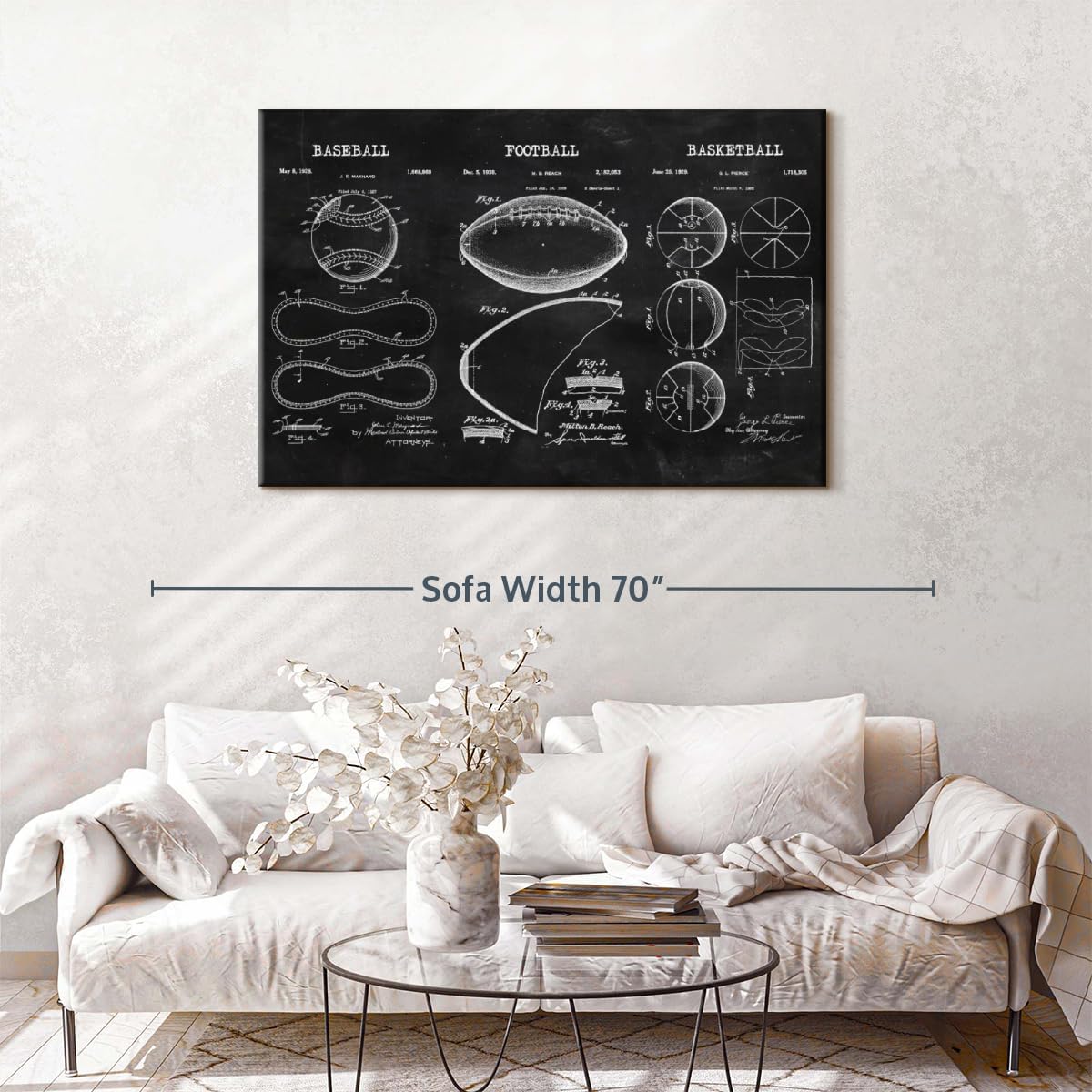 ElephantStock Sports Balls Compilation BW Patent Canvas - 1 Panel Patent Wall Art Decor - Sports Decorations for Boys Room - Wall Art and Office Decor - 51" X 34"