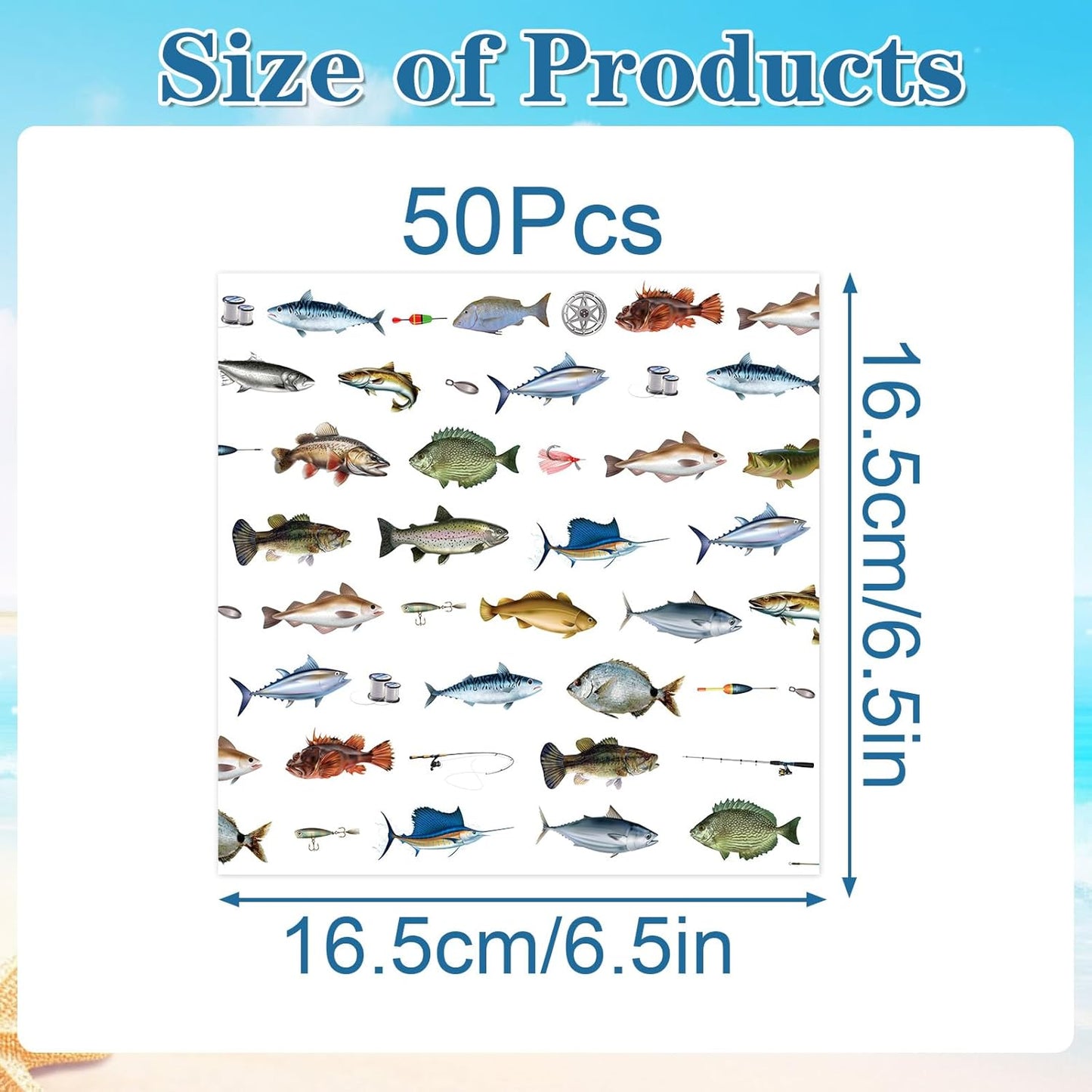 Gone Fishing Party Decorations, Disposable Paper Fish Napkins Supplies Pack of 50, Fishing Birthday Baby Shower Decor Size 6.5 Inch