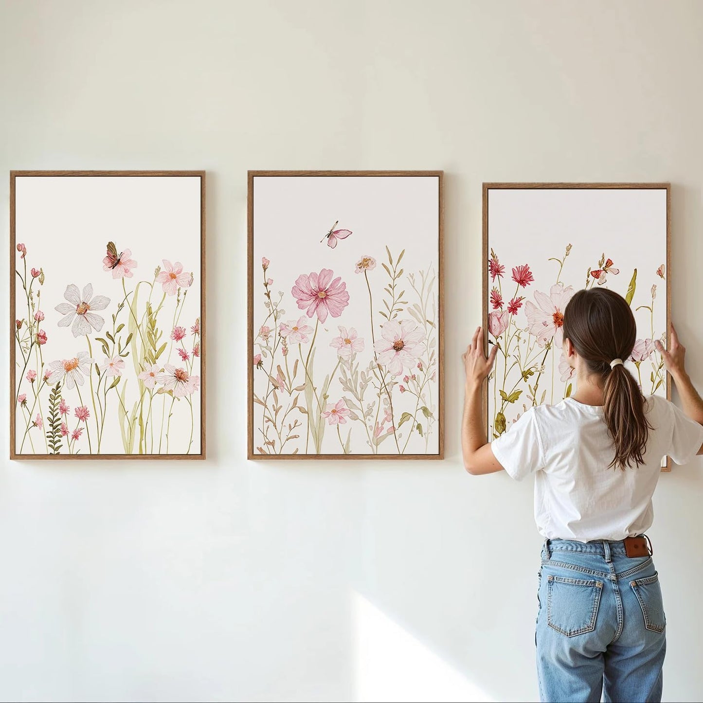 MTFBWY 3Pcs Framed Wildflower Canvas Wall Art – Pink Floral Wall Art Watercolor Prints, Pink Botanical Artwork, Colorful Flower Pictures Decor Printing for Living Room, Girls Bedroom, or Bathroom, 24L" x 16W"