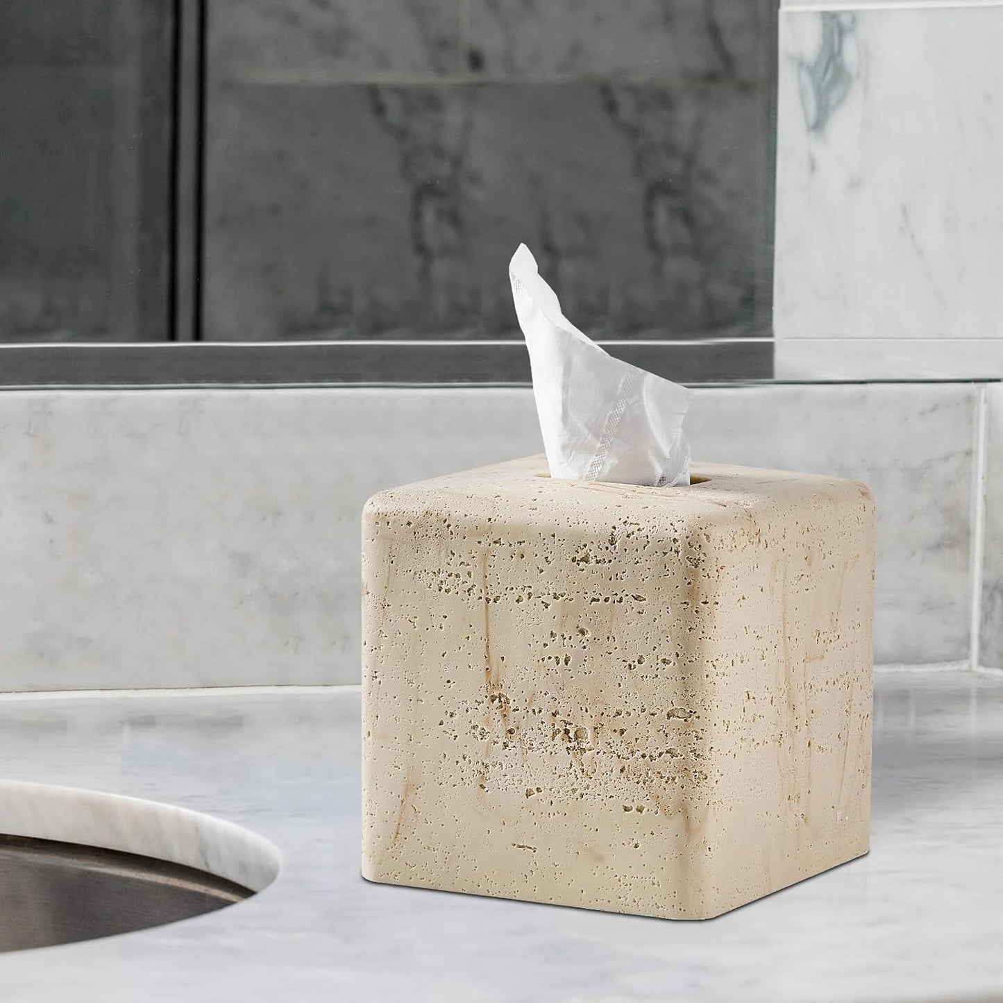 Natural Travertine Textures Tissue Box Cover Square for Home Decor,Resin Heavy Tissue Box Holder for Bathroom Countertop,Tabletop,Bedside Table,Office (Handmade of Resin)