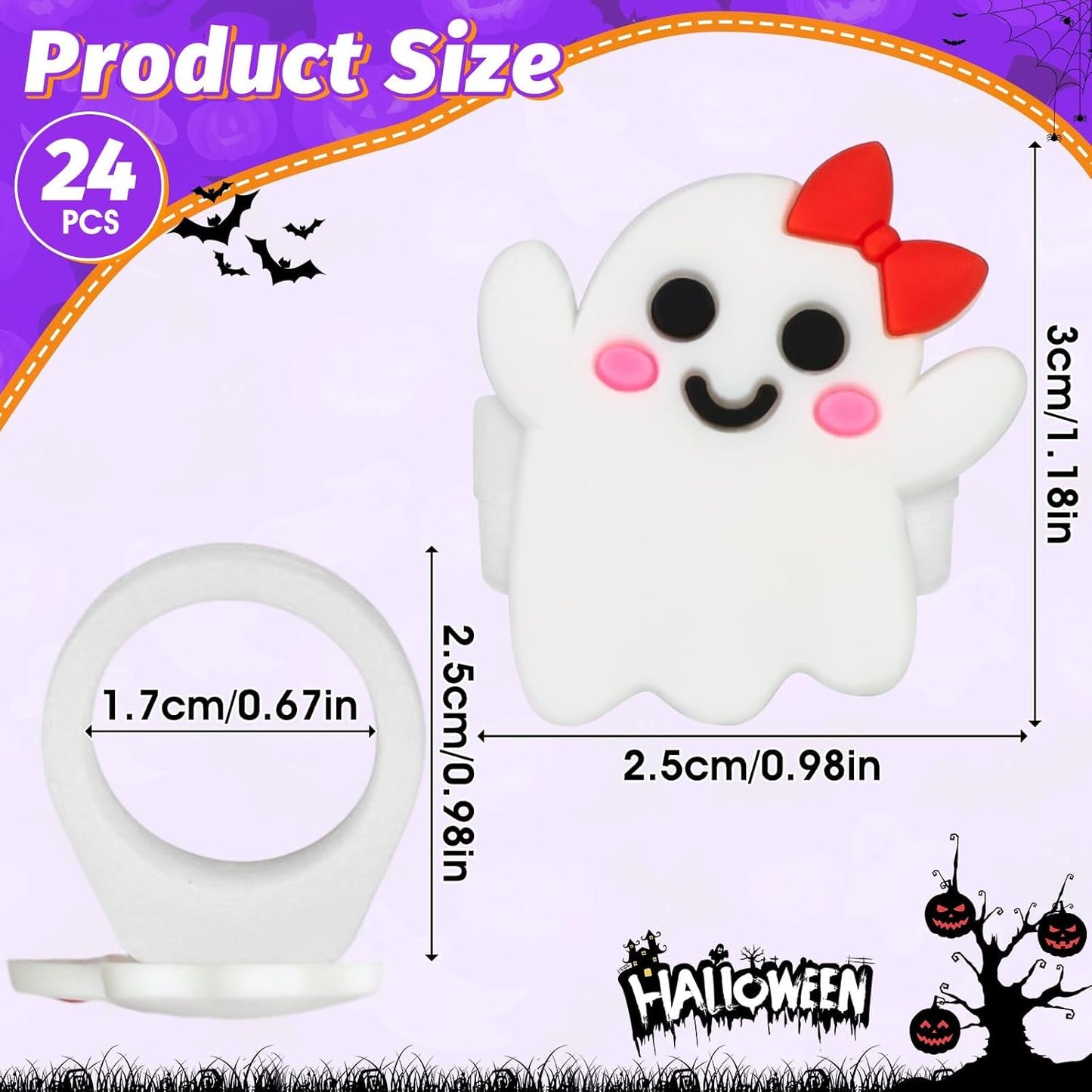 24PCS Ghost Cupcake Ring Toppers Spooky Halloween Cupcake Picks Cute Ghost Decorations for Halloween Theme Birthday Party Baby Shower Cake Supplies