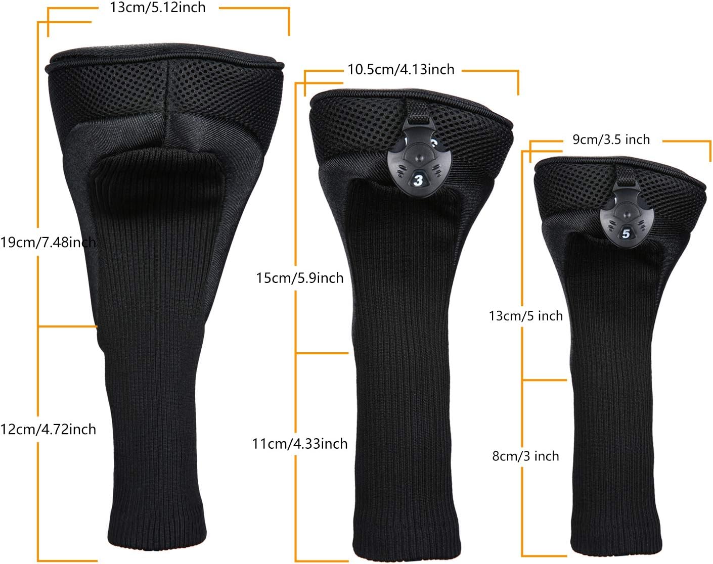 Black Golf Club Head Cover for Driver Fairway 3 Pcs Woods Headcovers, Golf Accessories Hybrid Head Covers Set with Interchangeable Tags 3 4 5 7 X