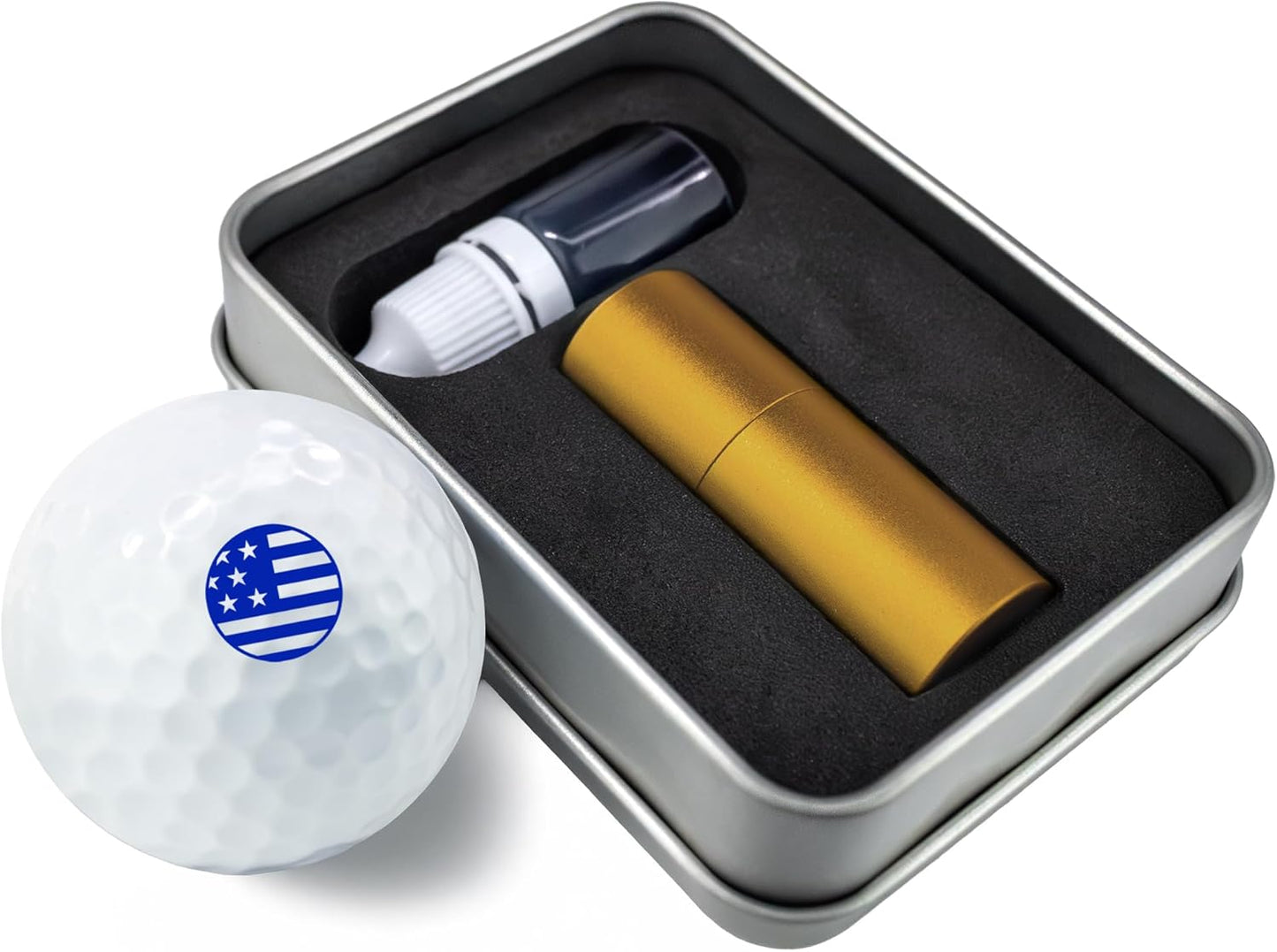 Golf Ball Marker Stamp with TiteSeal™ Technology - Flag - Metallic Box with Golf Ball Stamp + Refill Ink Bottle - Blue