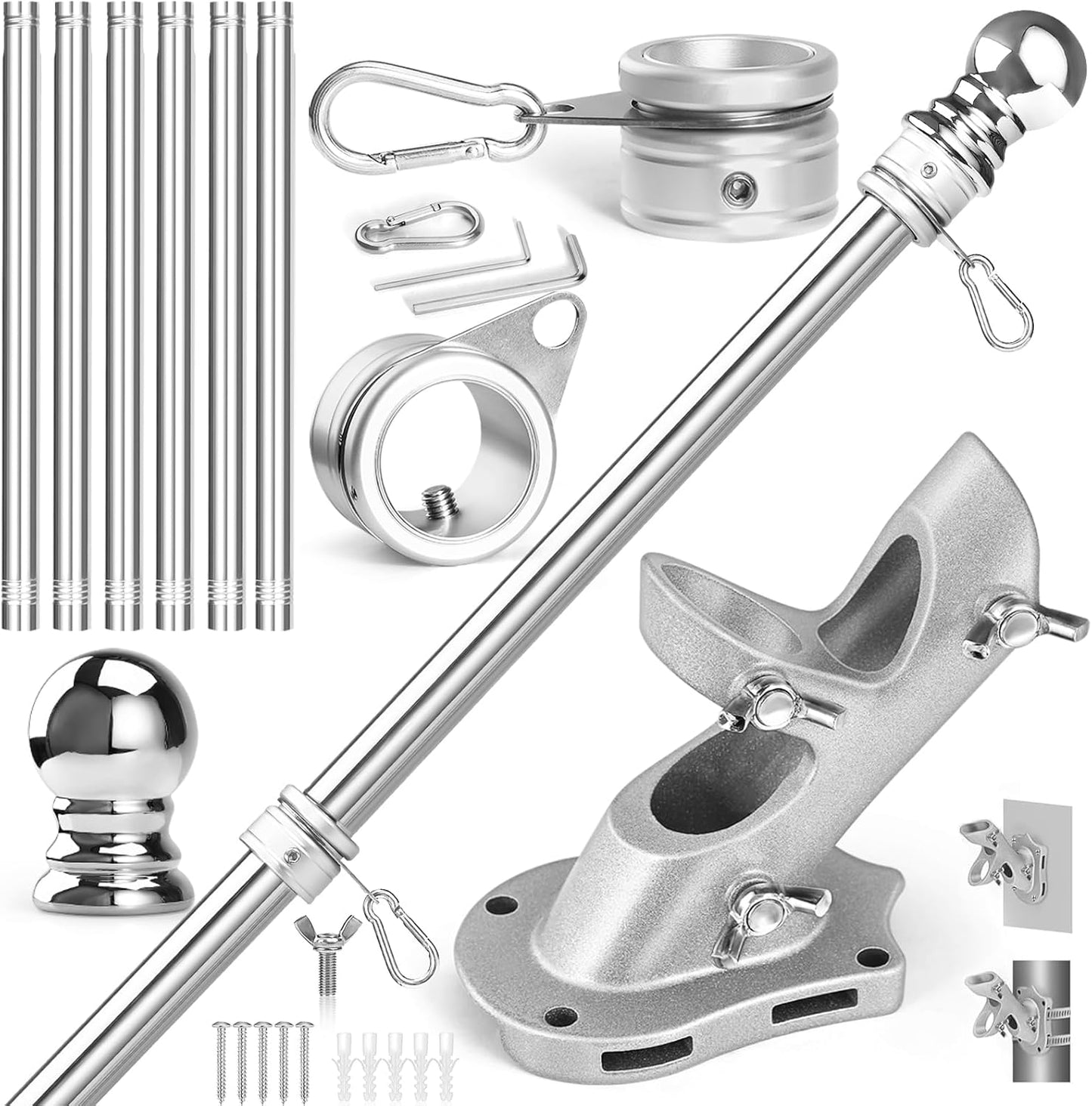 Anovo Flag Pole Kit- Stainless Steel 7 FT Flag Poles with1 Inch Metal 360° Rotating Flag Pole Rings Clip, Two-Position Flag Pole Holder Brackets Mounting for Outside House Outdoor Porch(7 FT - Sliver)