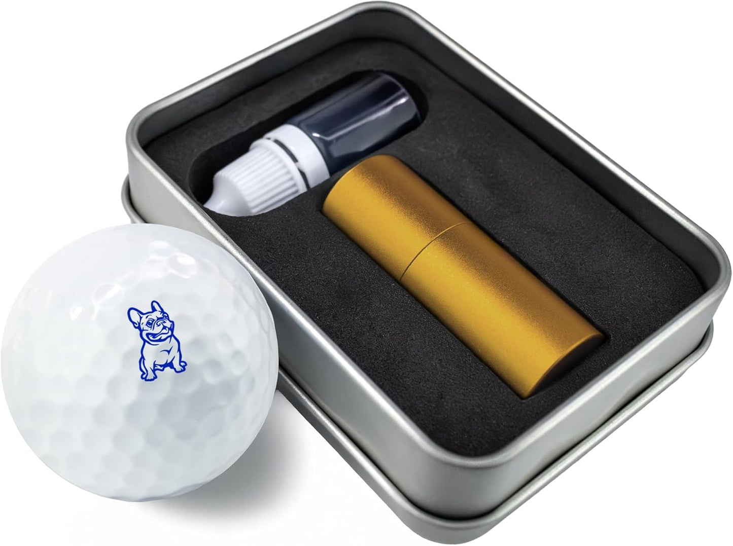 Golf Ball Marker Stamp with TiteSeal™ Technology - Dog - Metallic Box with Golf Ball Stamp + Refill Ink Bottle - Blue