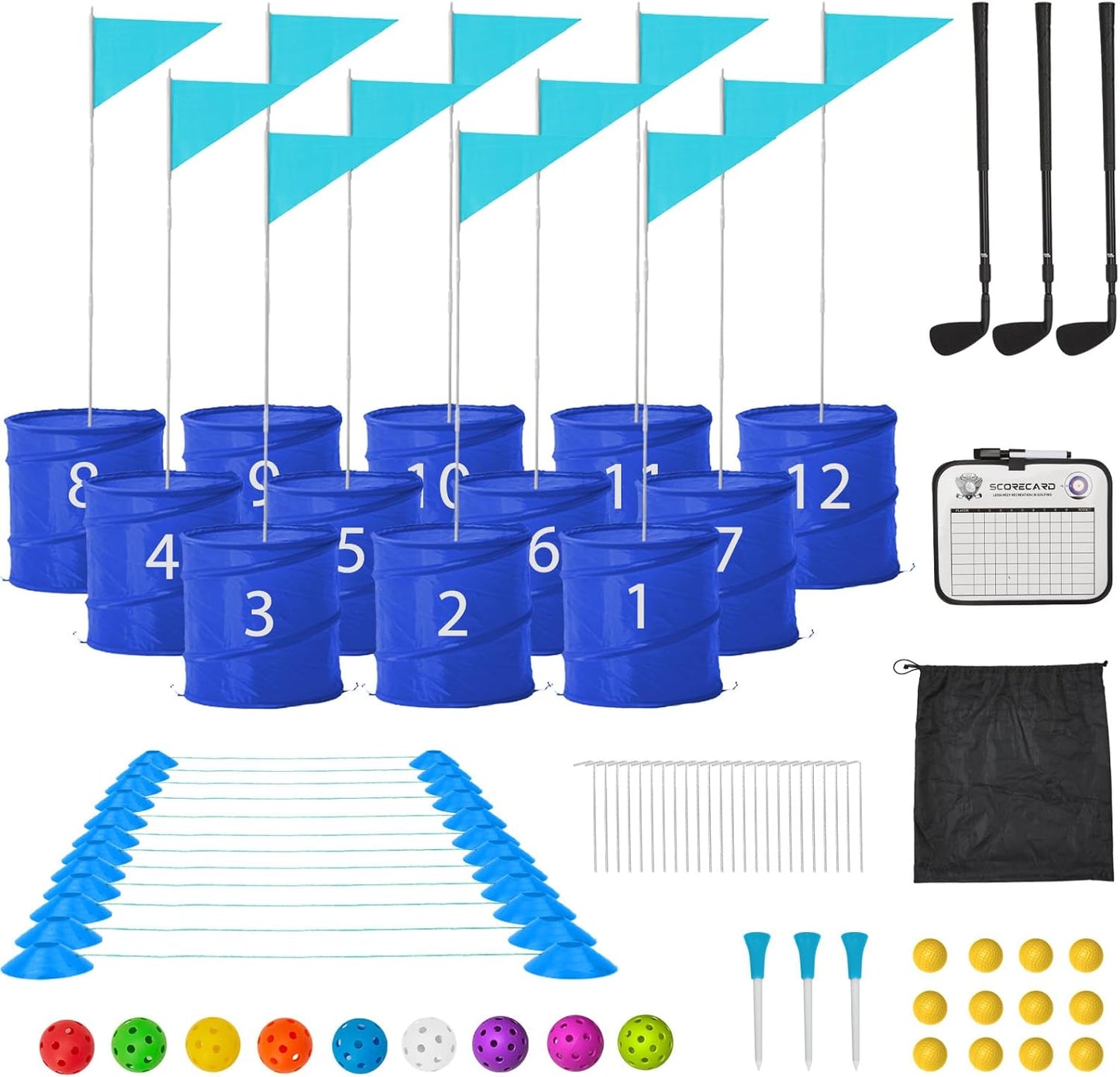 Bucket Yard Golf Game with Clubs 9 Hole Set Portable Low Tide Golf Game for Beach Backyard Lawn with 2 Golf Outdoor Indoor Golf Chipping Games for Adults Family Club Party (Blue, 12 Bucket)