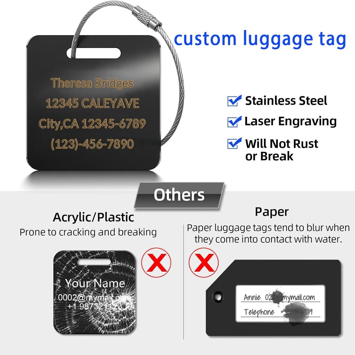5 Pack Custom Engraved Luggage Tags, 2 x 2 inches Waterproof Personalized Luggage Tags, Aluminum Personalized Bag Tags for Suitcases/Backpack/Luggage Accessories [Black]