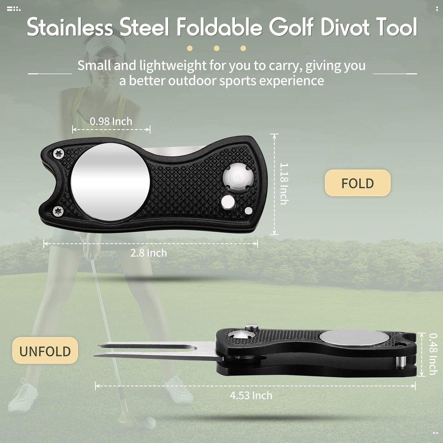Skylety 4 Pcs Golf Divot Repair Tool Metal Foldable Golf Divot Tool with Magnetic Pop-up Button Ball Marker Stainless Steel Switchblade for Golfers Prizes